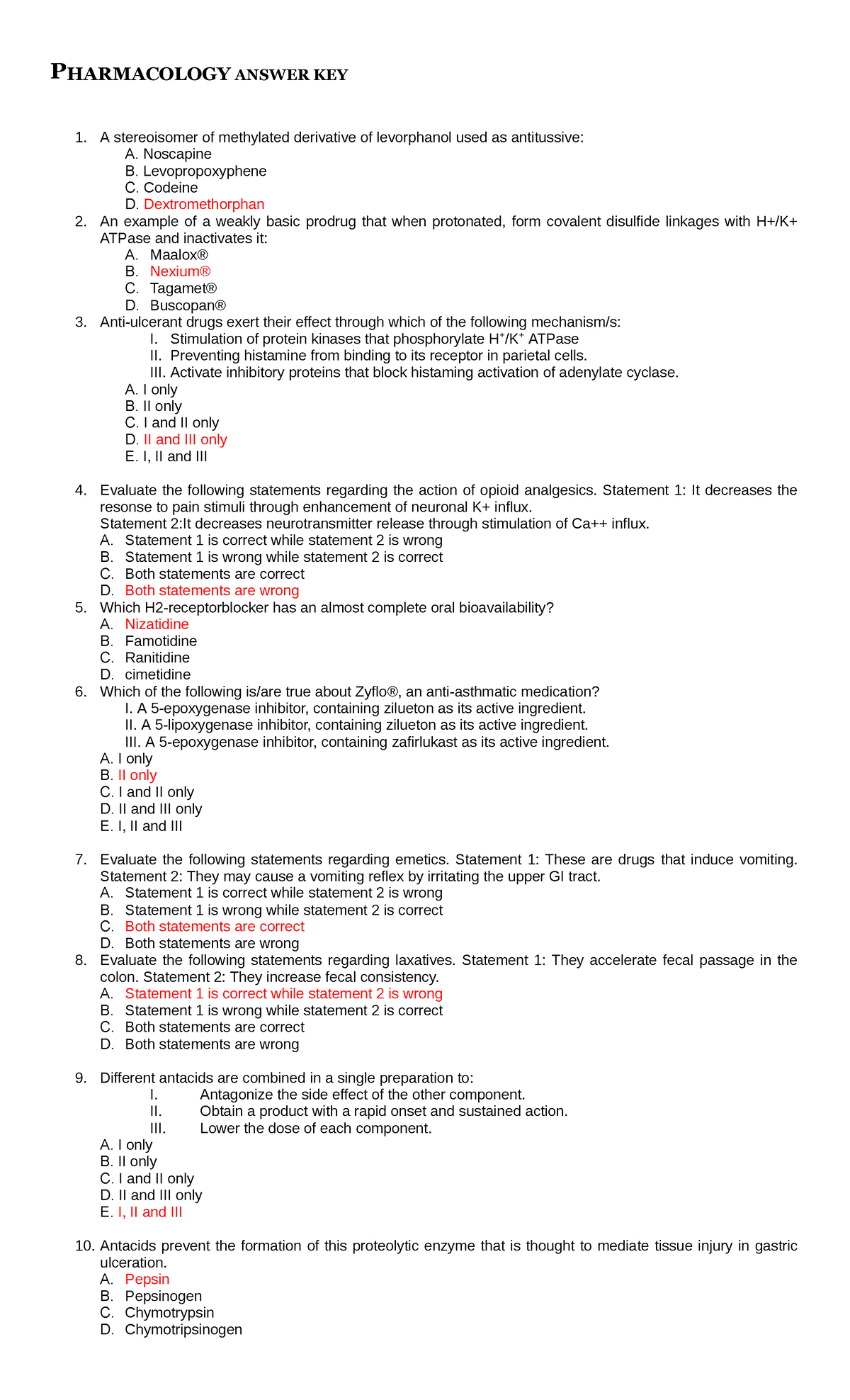 Pharmacology Answer Key 2 - PHARMACOLOGY ANSWER KEY A stereoisomer of ...