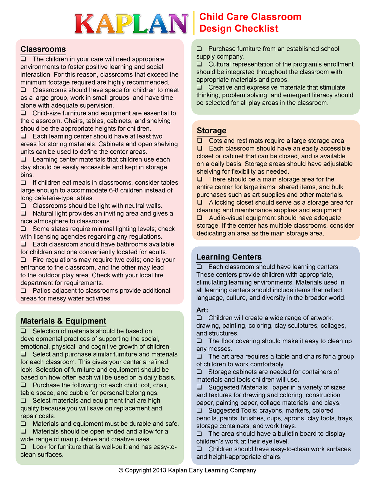 New Center Design Checklist - Classrooms q The children in your care ...