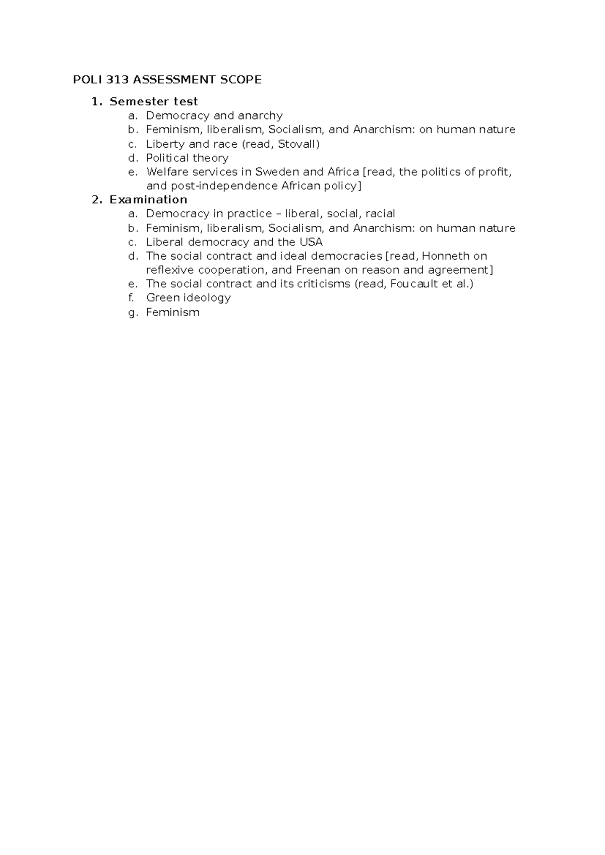 2024 Assesment Scope Sem Test Exam scope - POLI 313 ASSESSMENT SCOPE ...