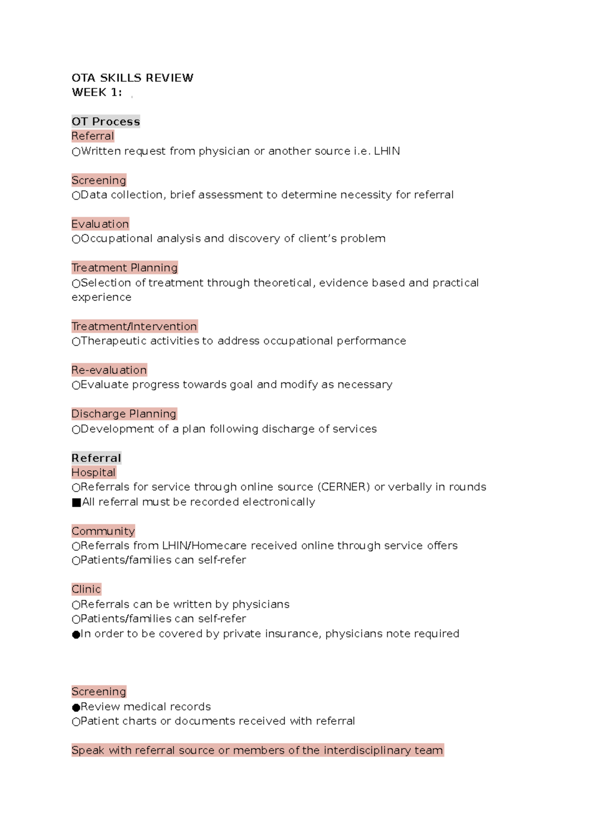 Occupational Therapy ANAT 3013 Review - OTA SKILLS REVIEW WEEK 1: OT ...