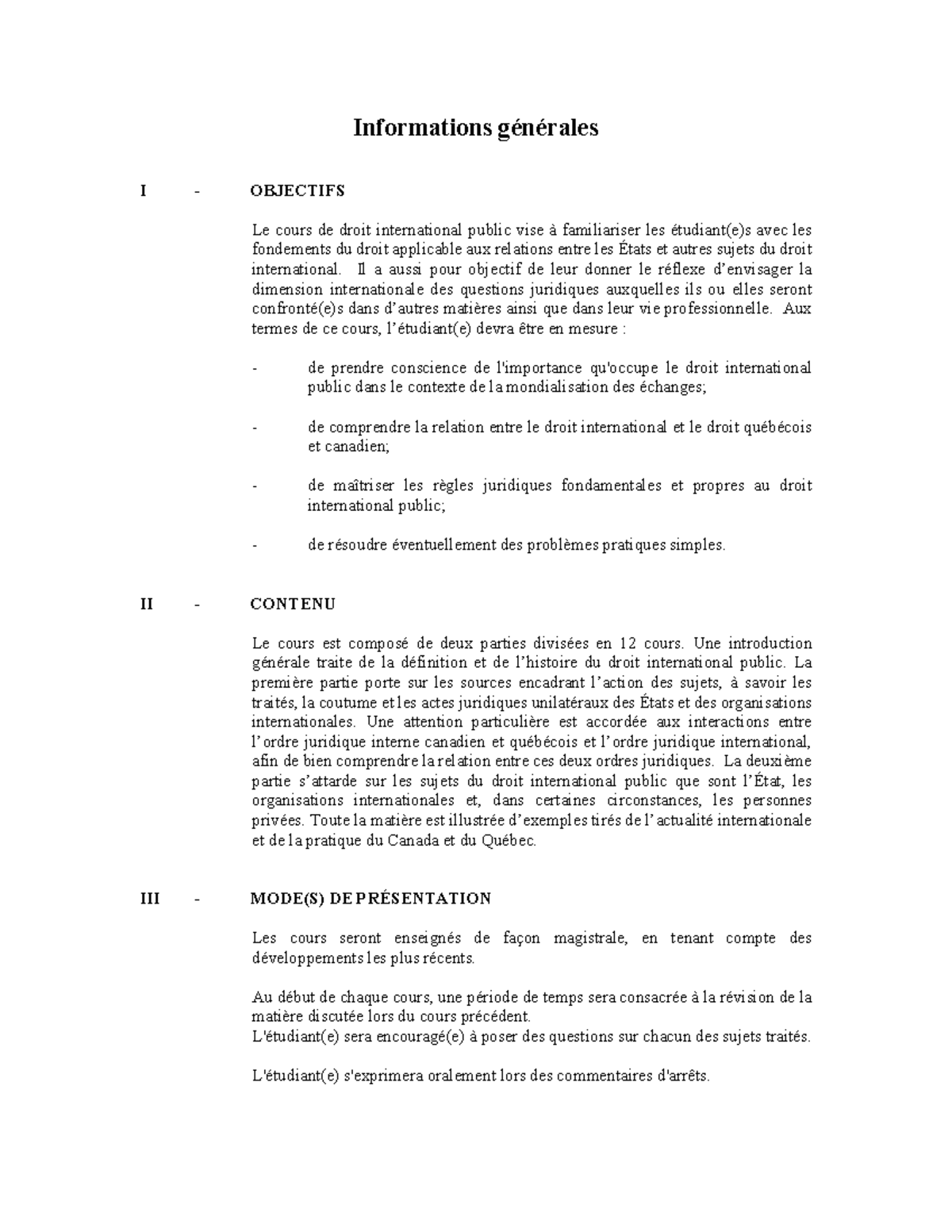 Plandecour Drt Plan De Cours Informations G N Rales I Objectifs Le Cours De Droit