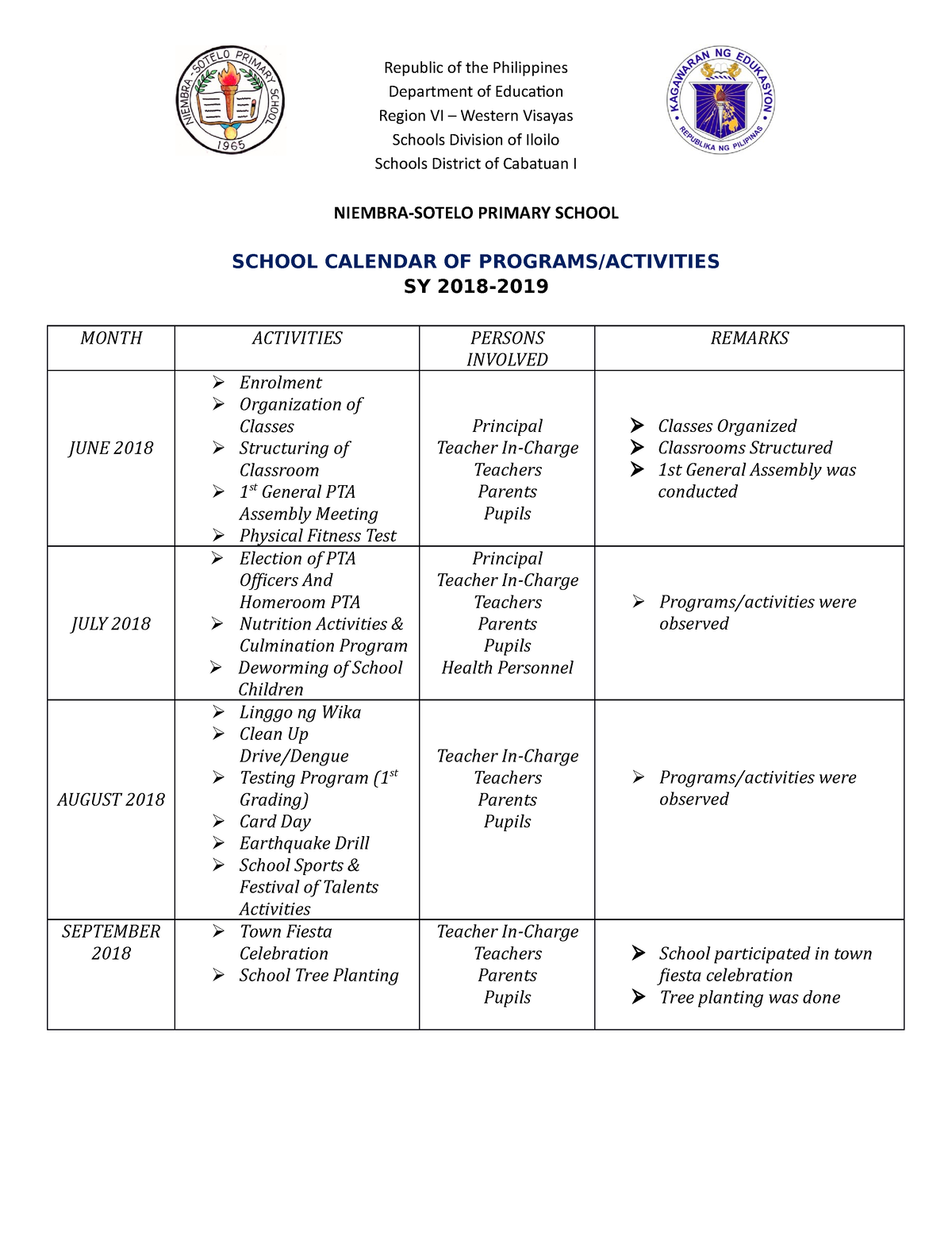 School calendar of activities 1819 Republic of the Philippines