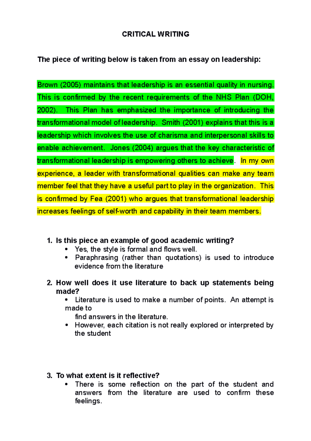 Critical Writing Examples - CRITICAL WRITING The piece of writing below ...