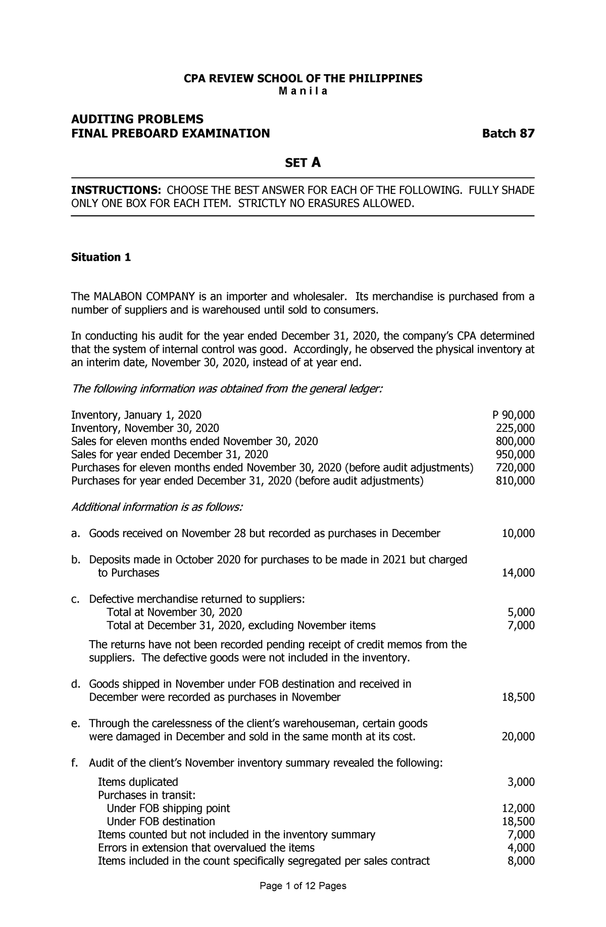 Auditing Problems Final Preboard Examination Batch 87 - CPA REVIEW ...