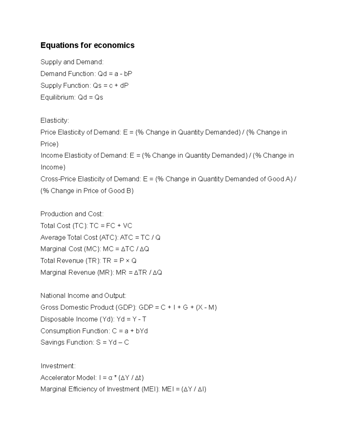 Economics Equations notes - Equations for economics Supply and Demand ...