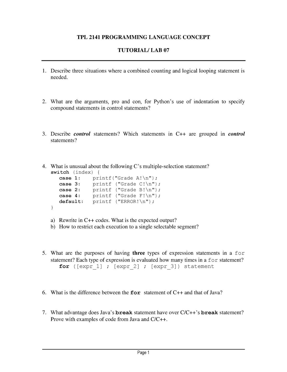 147125 Lab 07 Program Lang Concept Tpl2141 Mmu Studocu