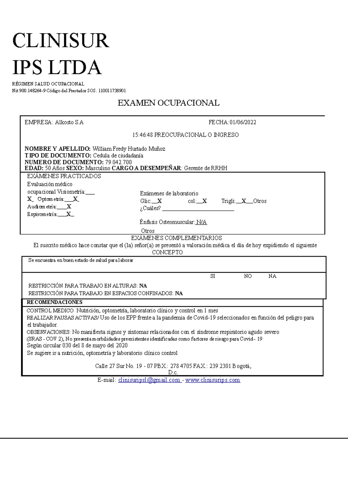 Examen Ocupacional Clinisur Ips Ltda R Gimen Salud Ocupacional Nit