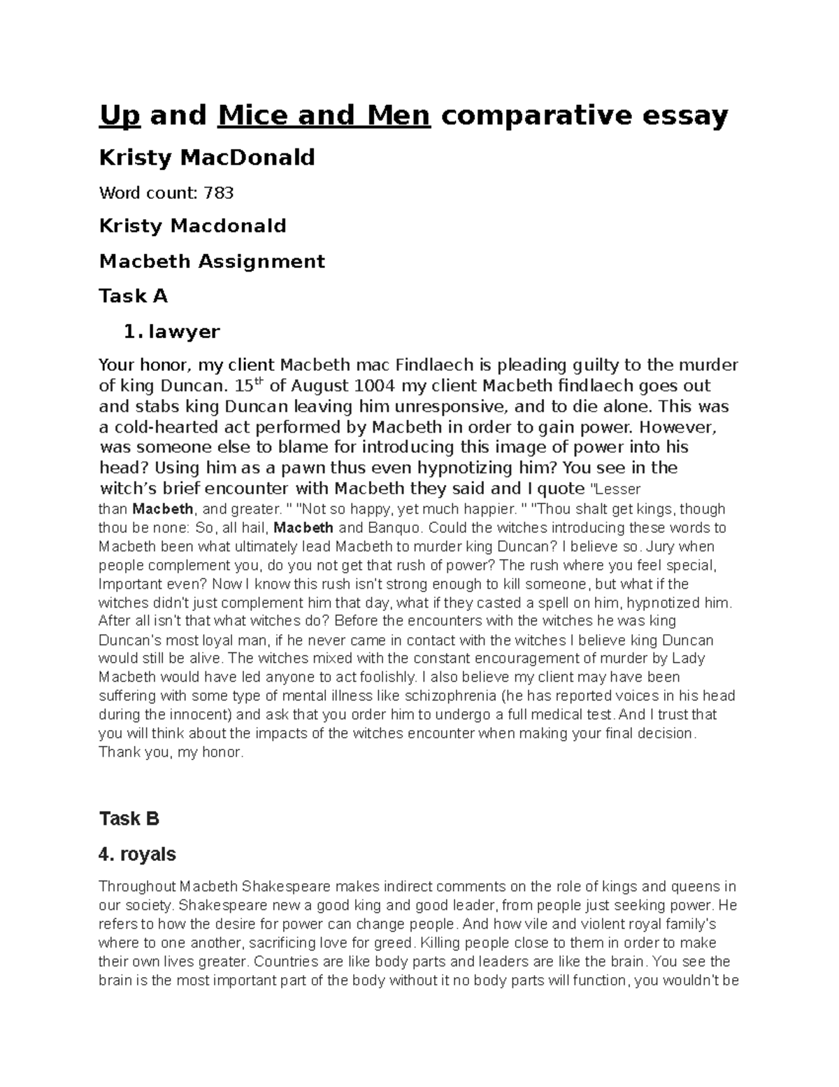 Comparitive essay MICE & MEN AND UP (movie) Up and Mice and Men