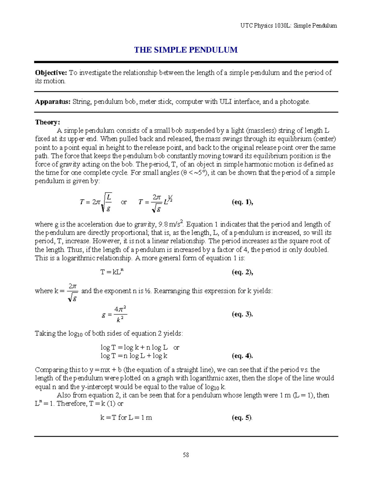 Spendlab Lab descriptions for all assignments - THE SIMPLE PENDULUM ...