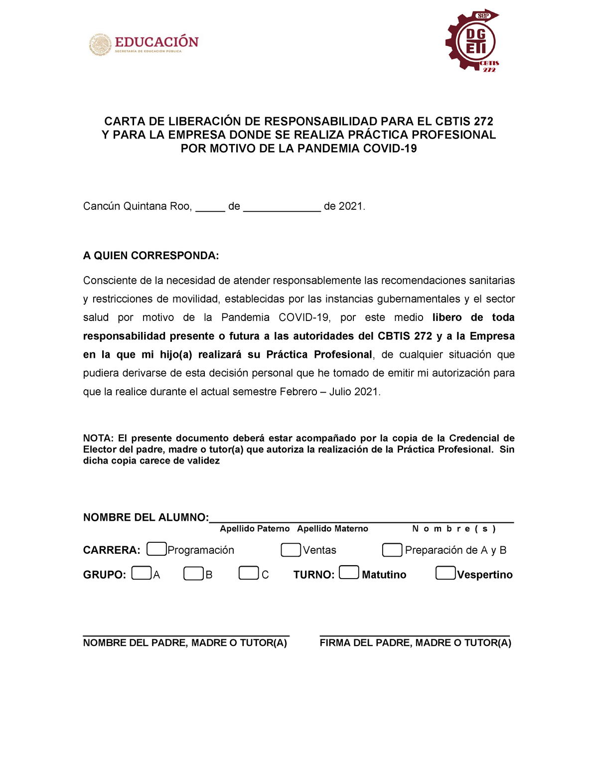 Formatos Pp Alumnos 1a Parte Carta De LiberaciÓn De Responsabilidad Para El Cbtis 27 2 Y Para 5031