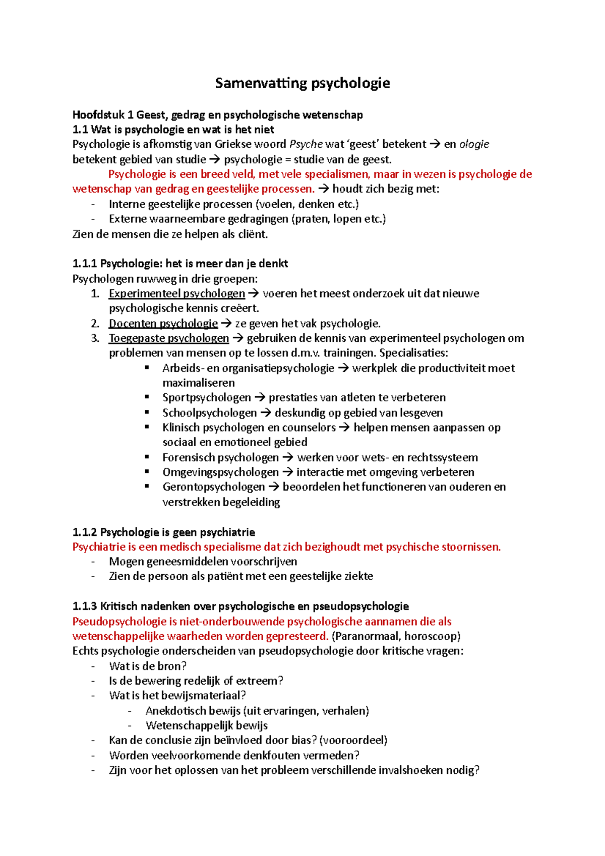 Samenvatting Psychologie - Psychologie Is Een Breed Veld, Met Vele ...