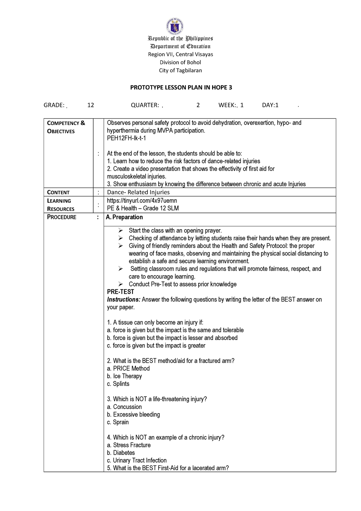 Grade 12 PE Q2 - Republic of the Philippines Department of Education ...