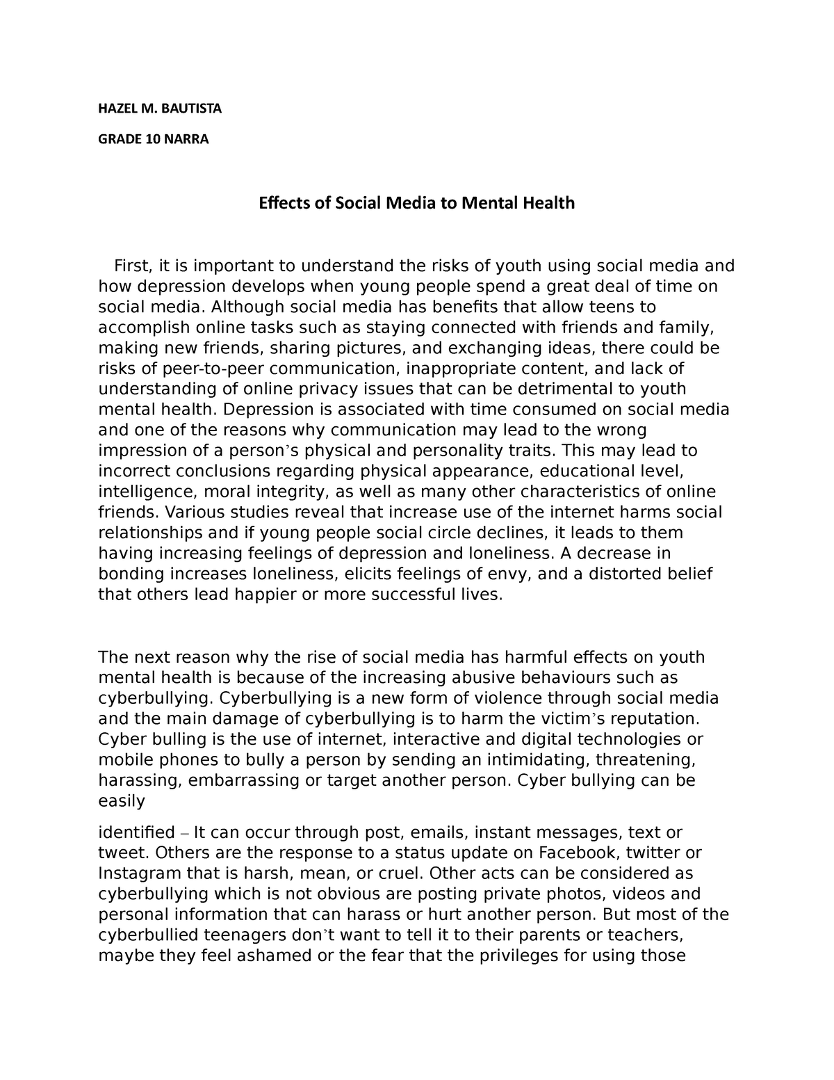 persuasive essay about effects of social media to mental health