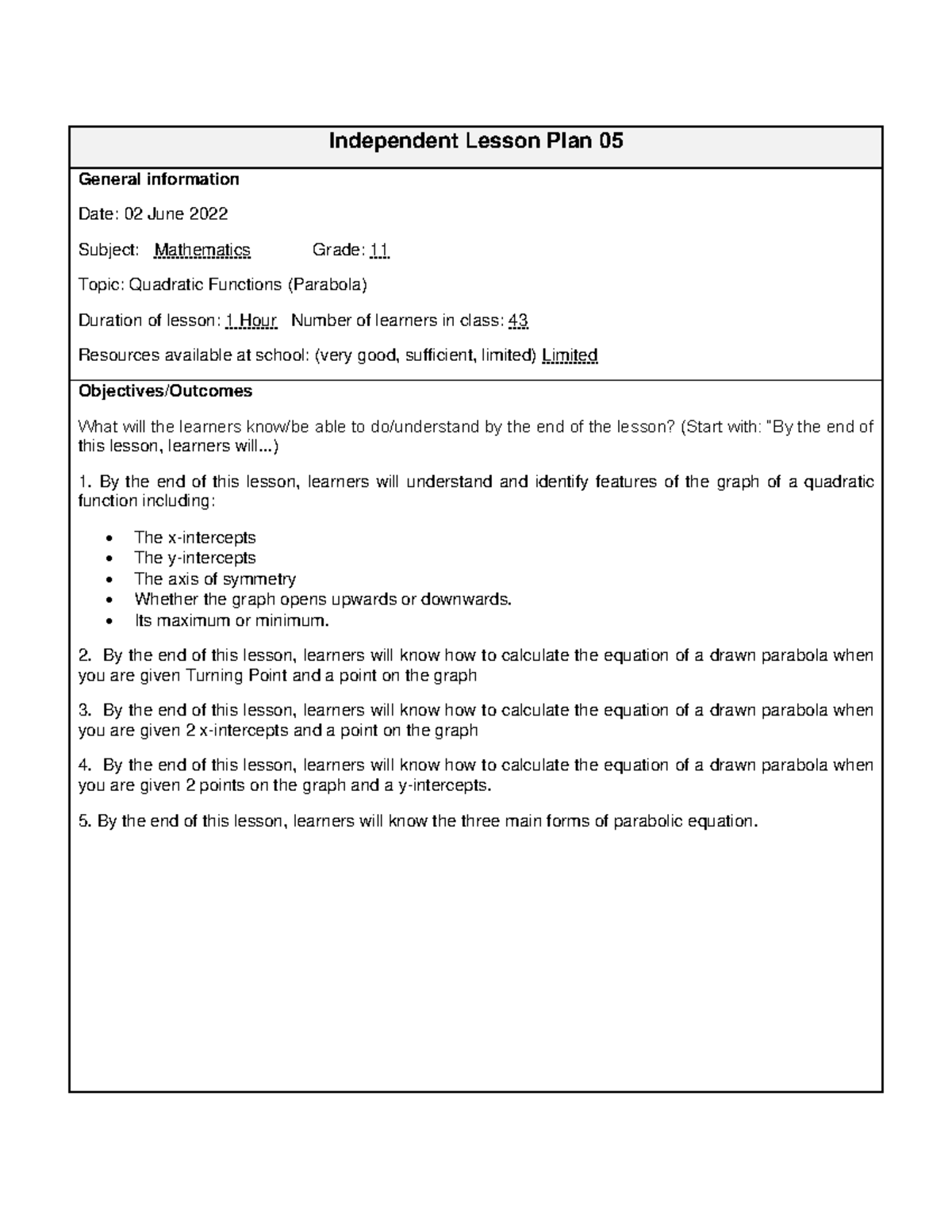 Independent Lesson Plan 05 - ..) By the end of this lesson, learners ...