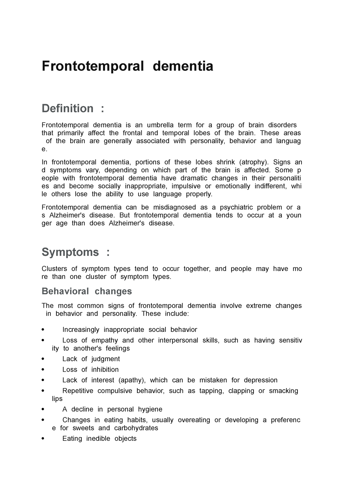 Frontotemporal Dementia - FrontotemporalTdementiaT DefinitionT: - Studocu