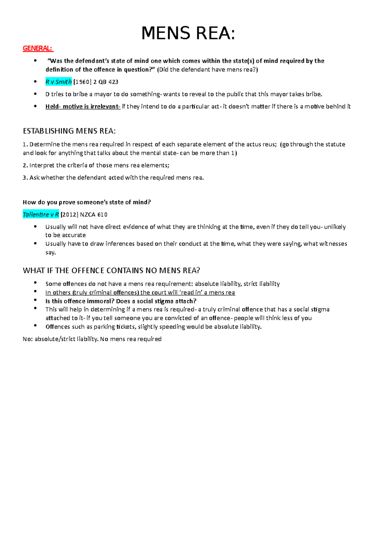 MENS REA Exam summary MENS REA GENERAL “Was the defendant’s state of mind one which comes