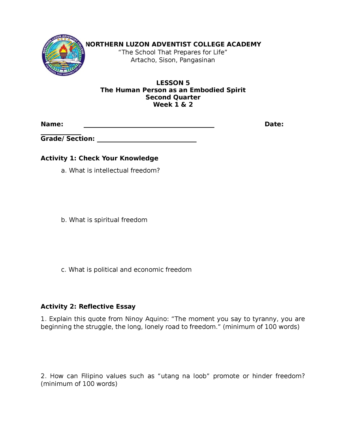 Activity Sheet for Lesson 5 - NORTHERN LUZON ADVENTIST COLLEGE ACADEMY ...