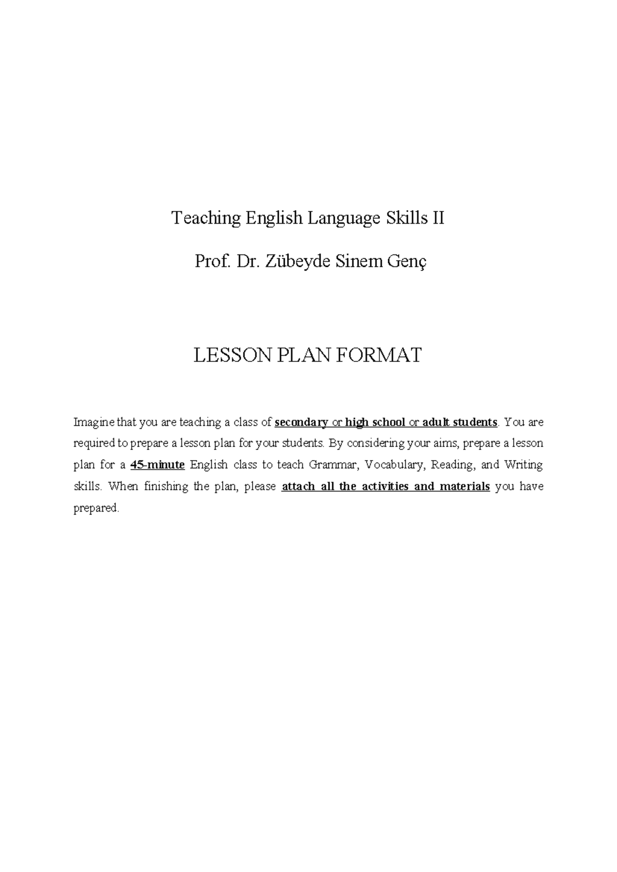 Lesson Plan Format 2024 - Teaching English Language Skills II Prof. Dr ...