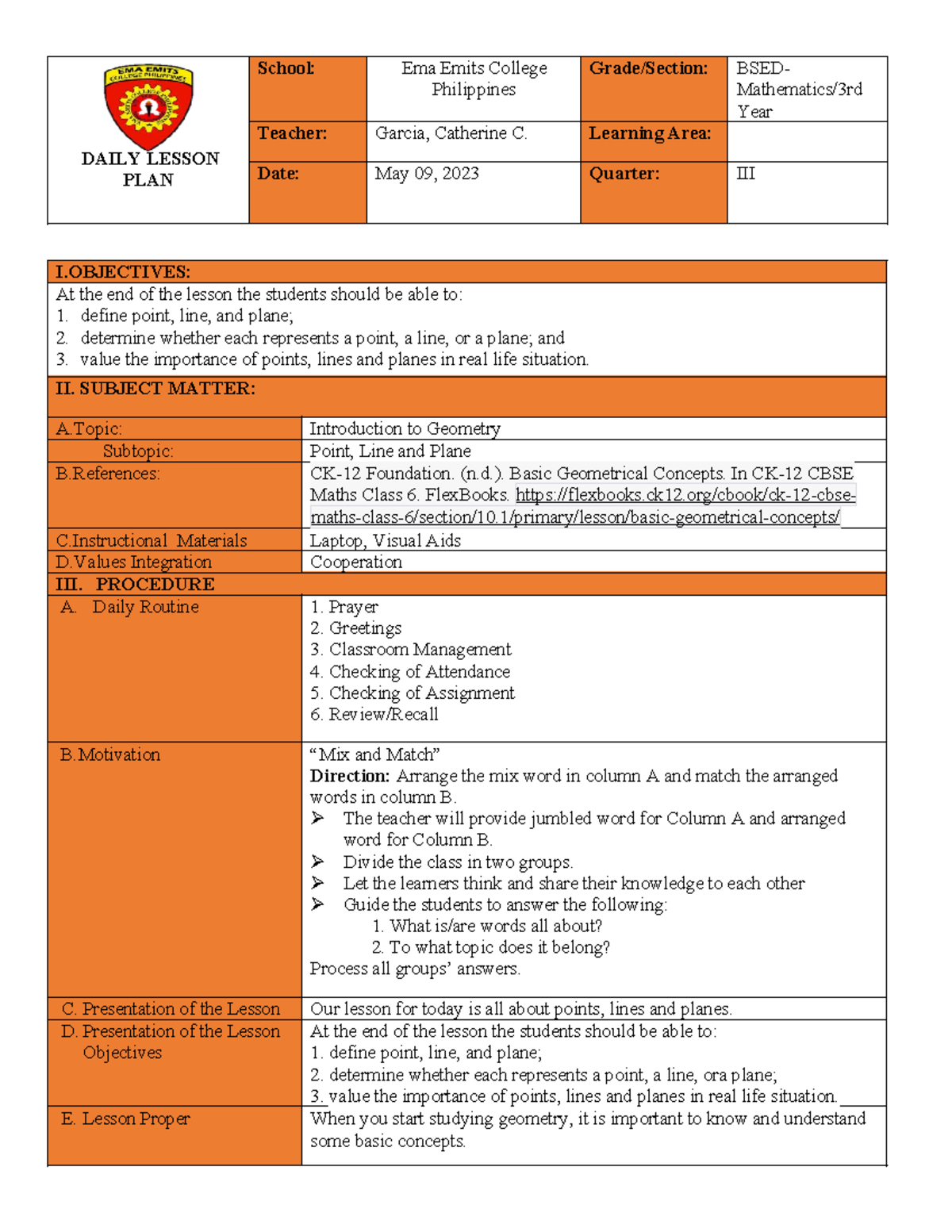 Lesson PLAN-SIR Sotto - DAILY LESSON PLAN School: Ema Emits College ...