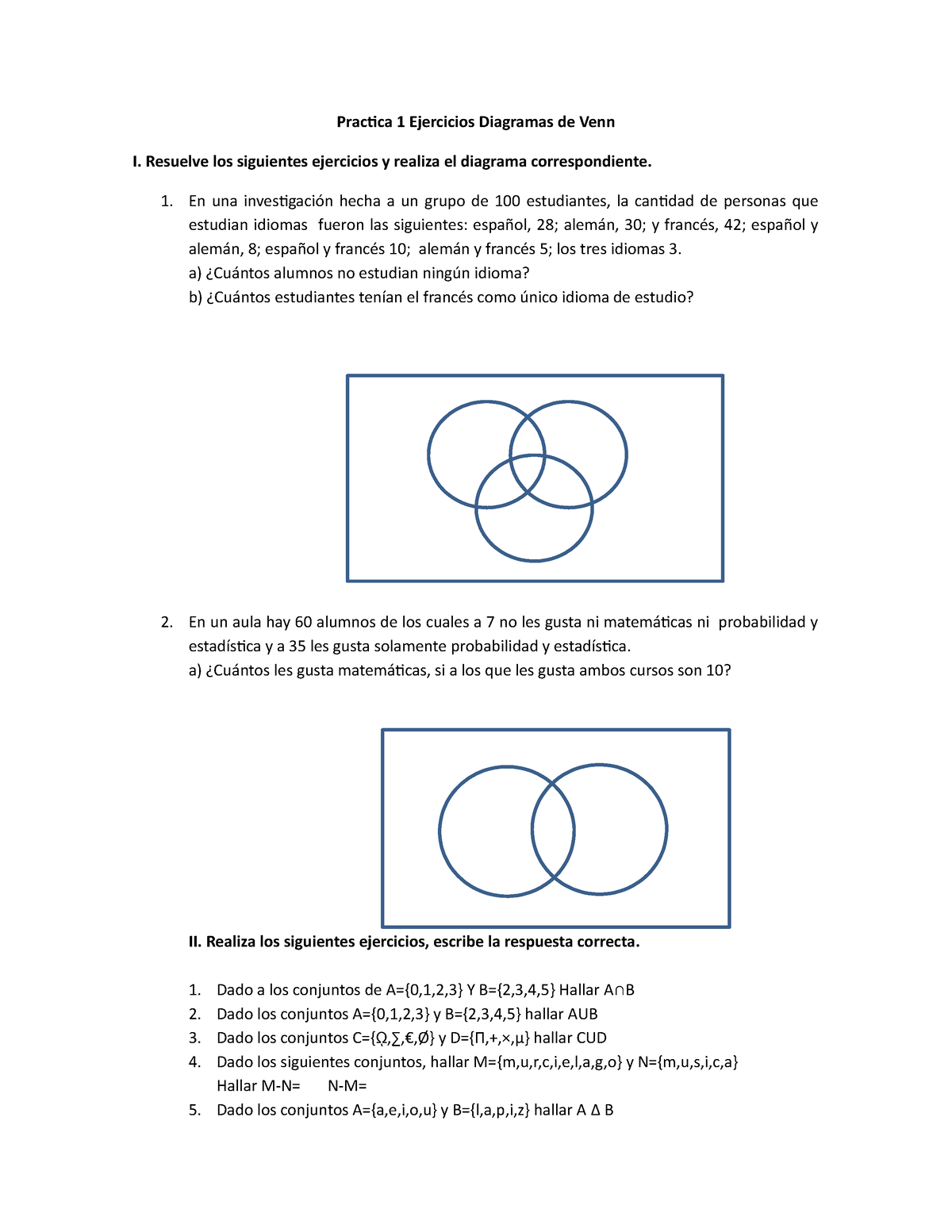 Practica 1 Ejercicios Diagramas De Venn Resuelve Los Siguientes Ejercicios Y Realiza El 7044