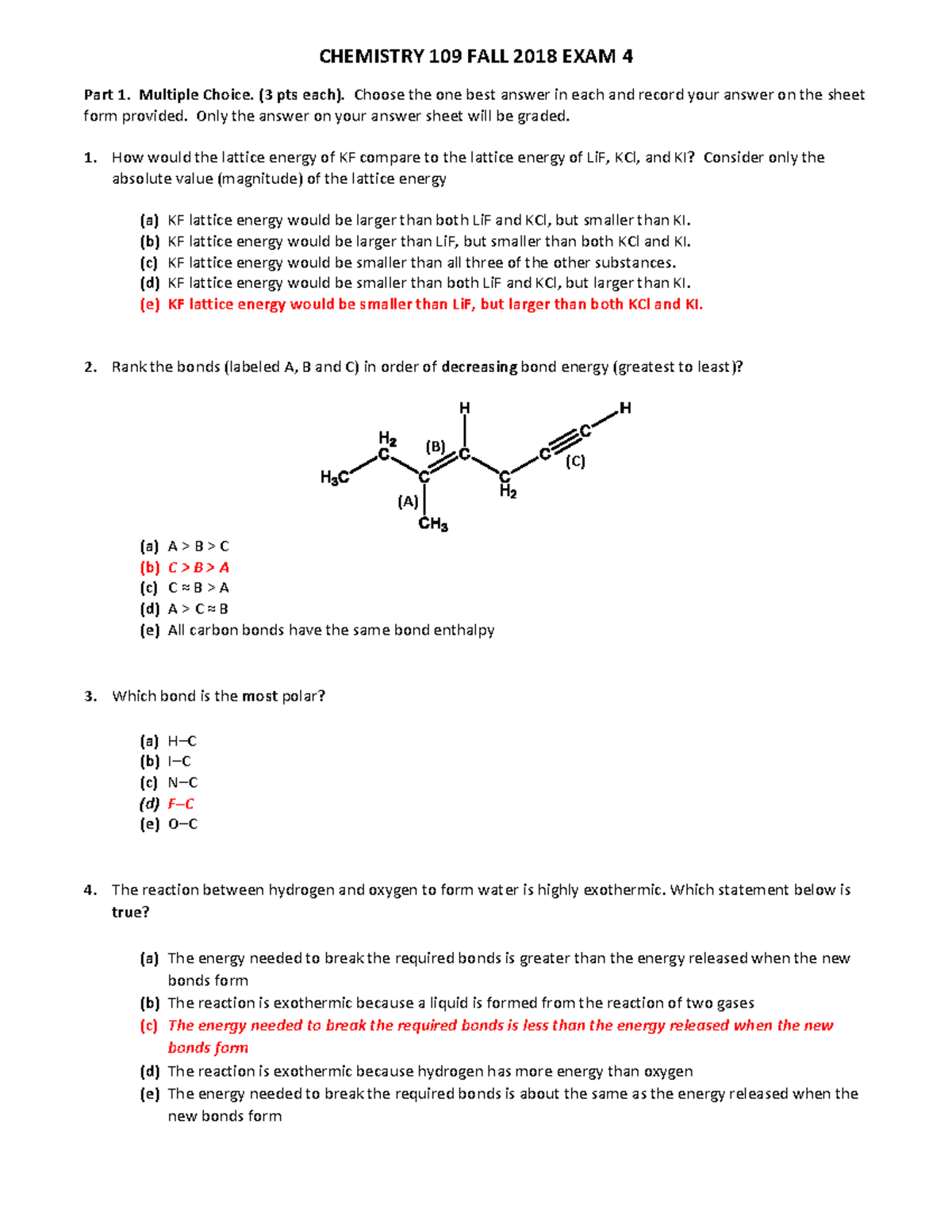 CHEM109 Exam 4 FA 2018 GOLD KEY - Part 1. Multiple Choice. (3 pts each ...