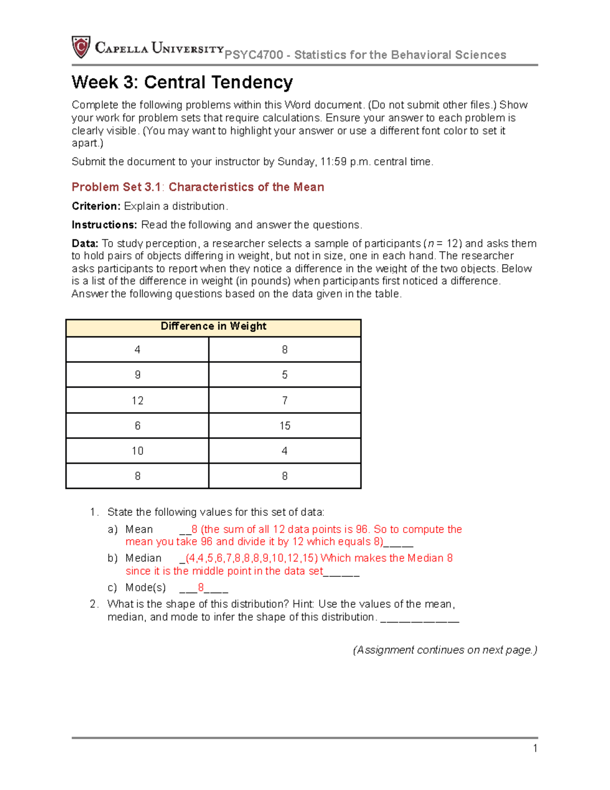 week 3 assignment measures of central tendency