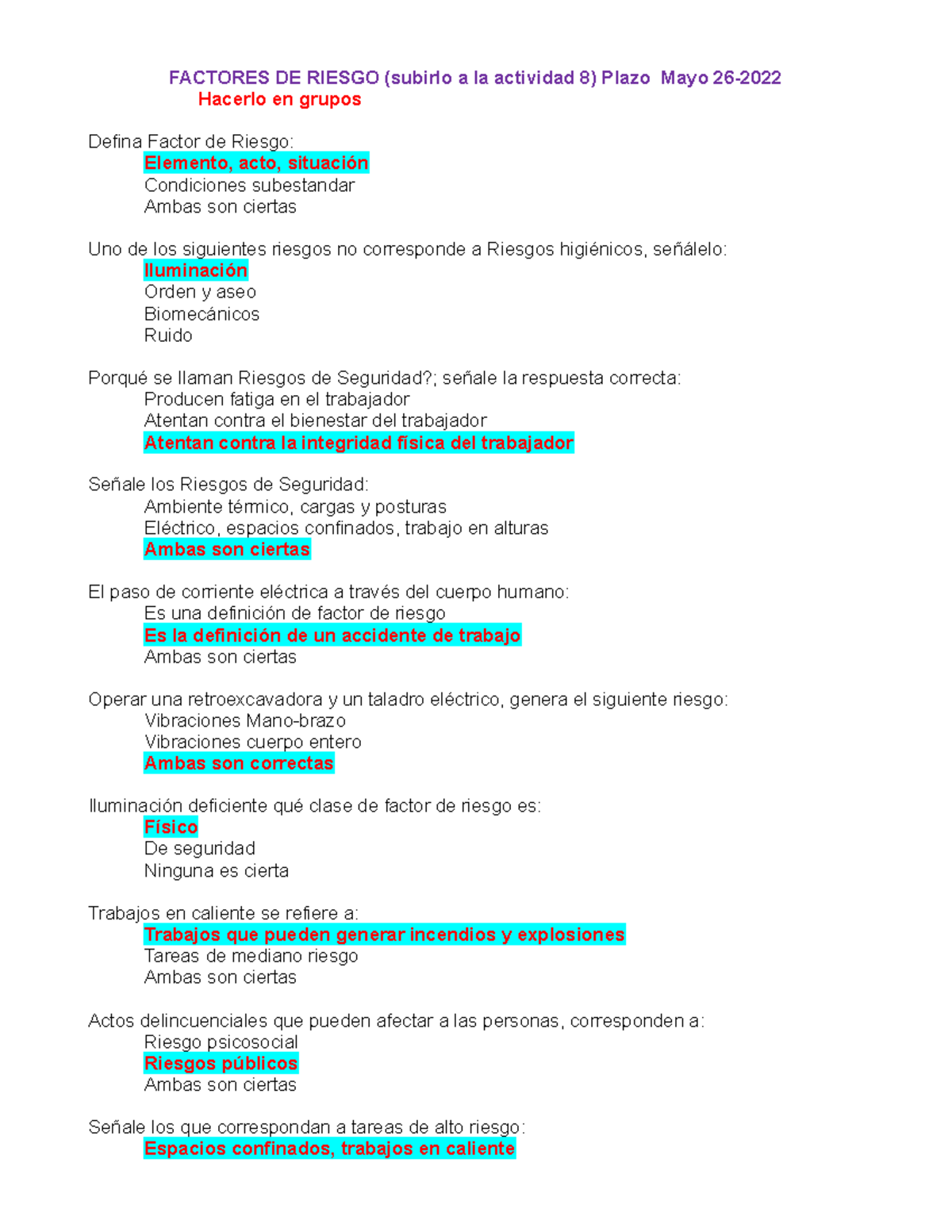 Actividad De Factores Factores De Riesgo Subirlo A La Actividad