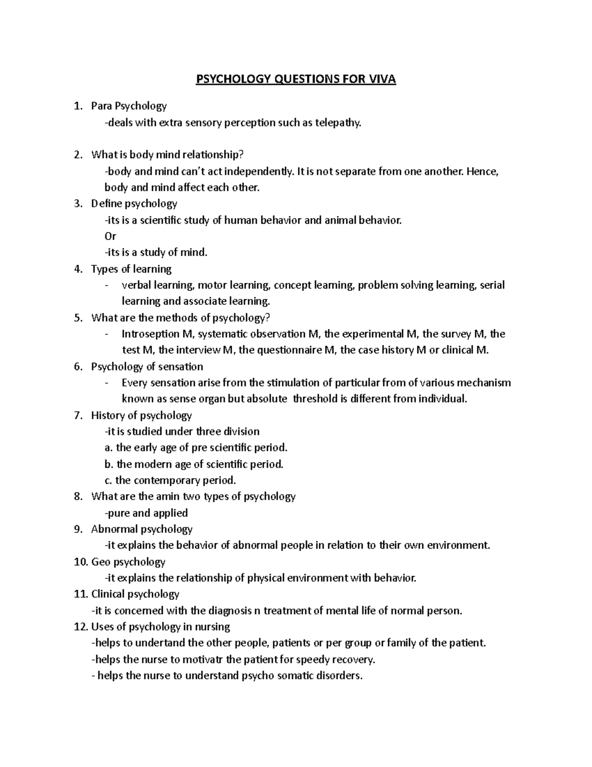 PSY qp for viva First year psychology PSYCHOLOGY QUESTIONS FOR VIVA