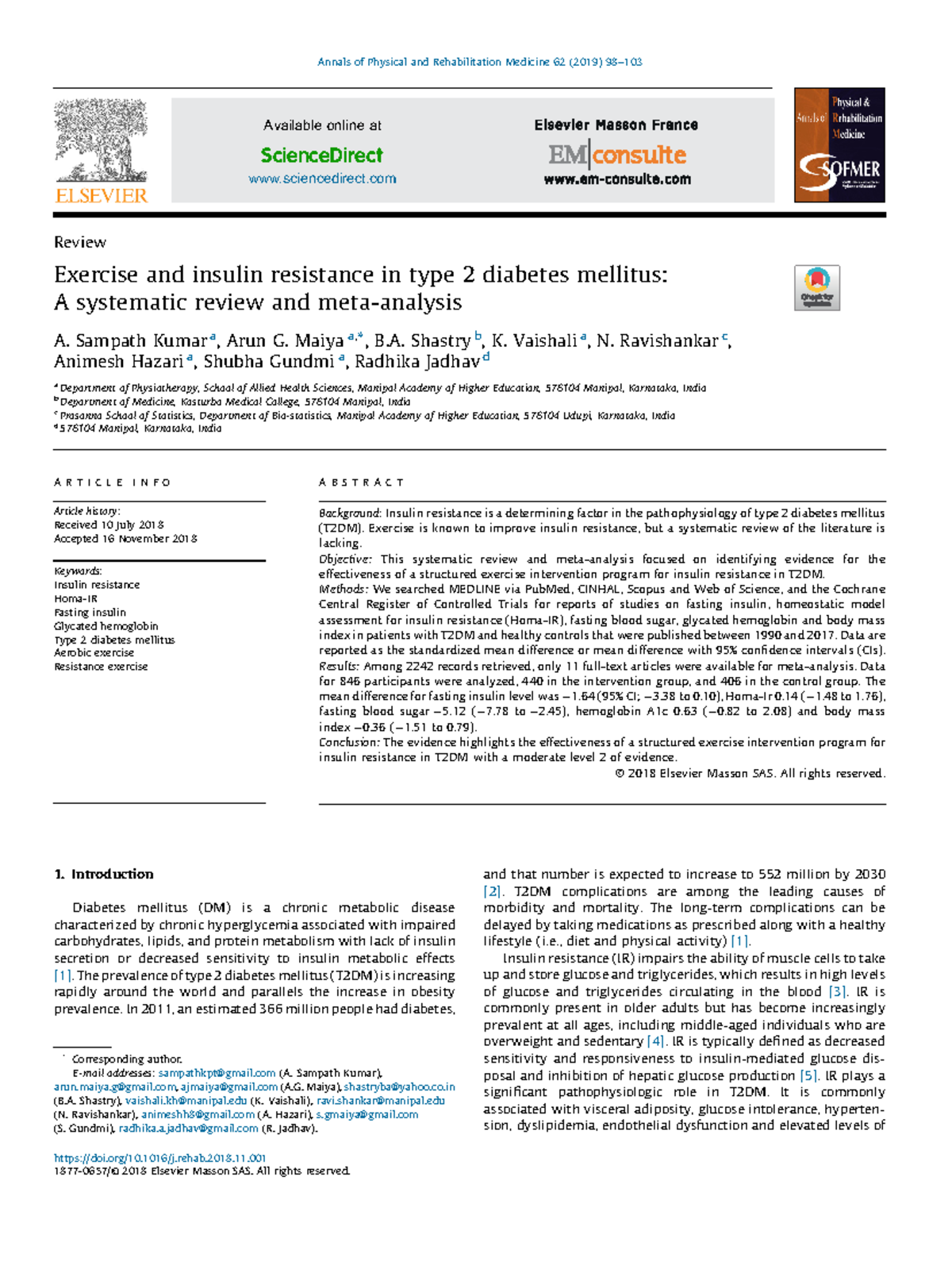 Exercise and insulin resistance in type 2 diabetes mellitus A ...