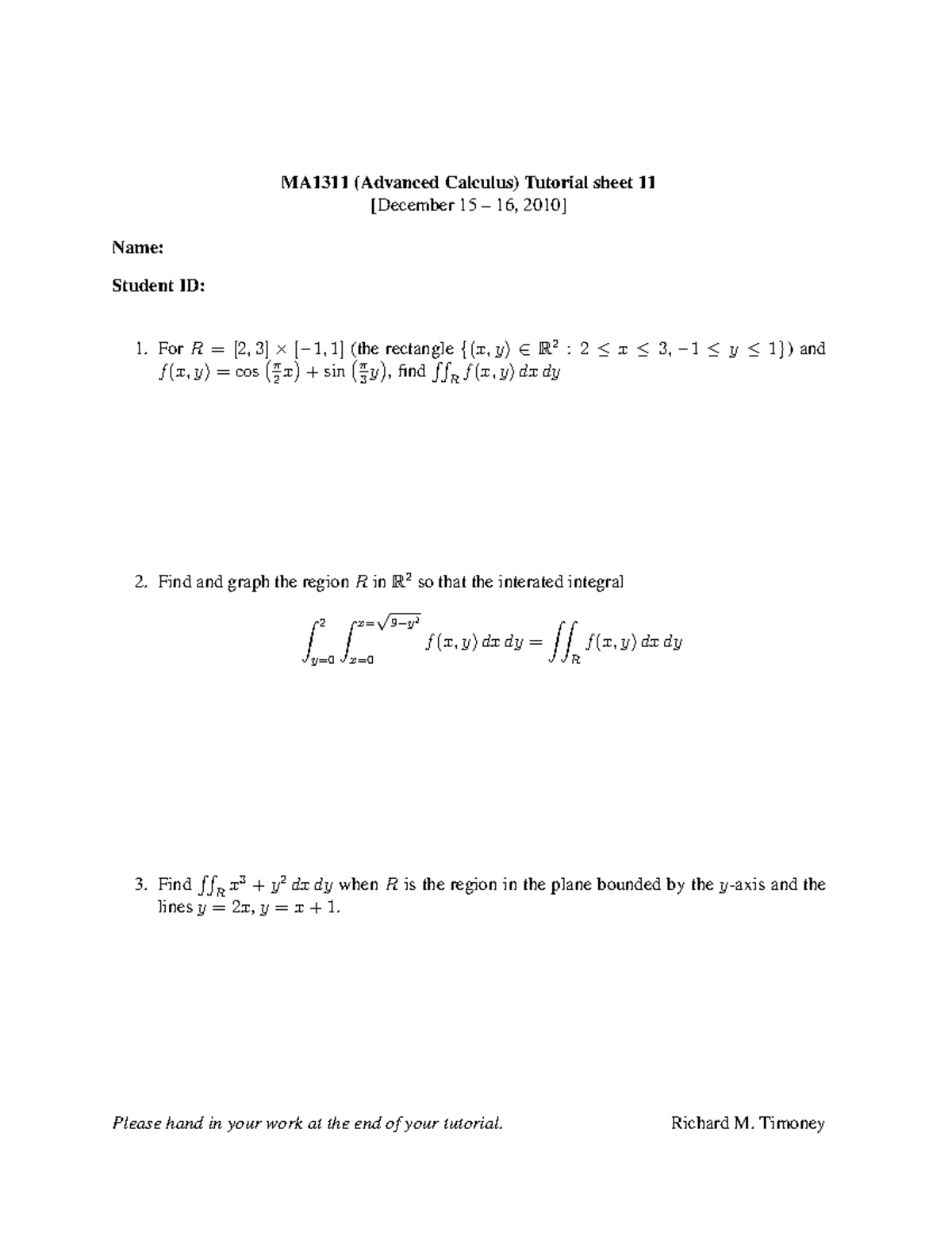 Ma1132 10 11 Tutorial 11 Ma1311 Advanced Calculus Tutorial Sheet 11 December Studocu