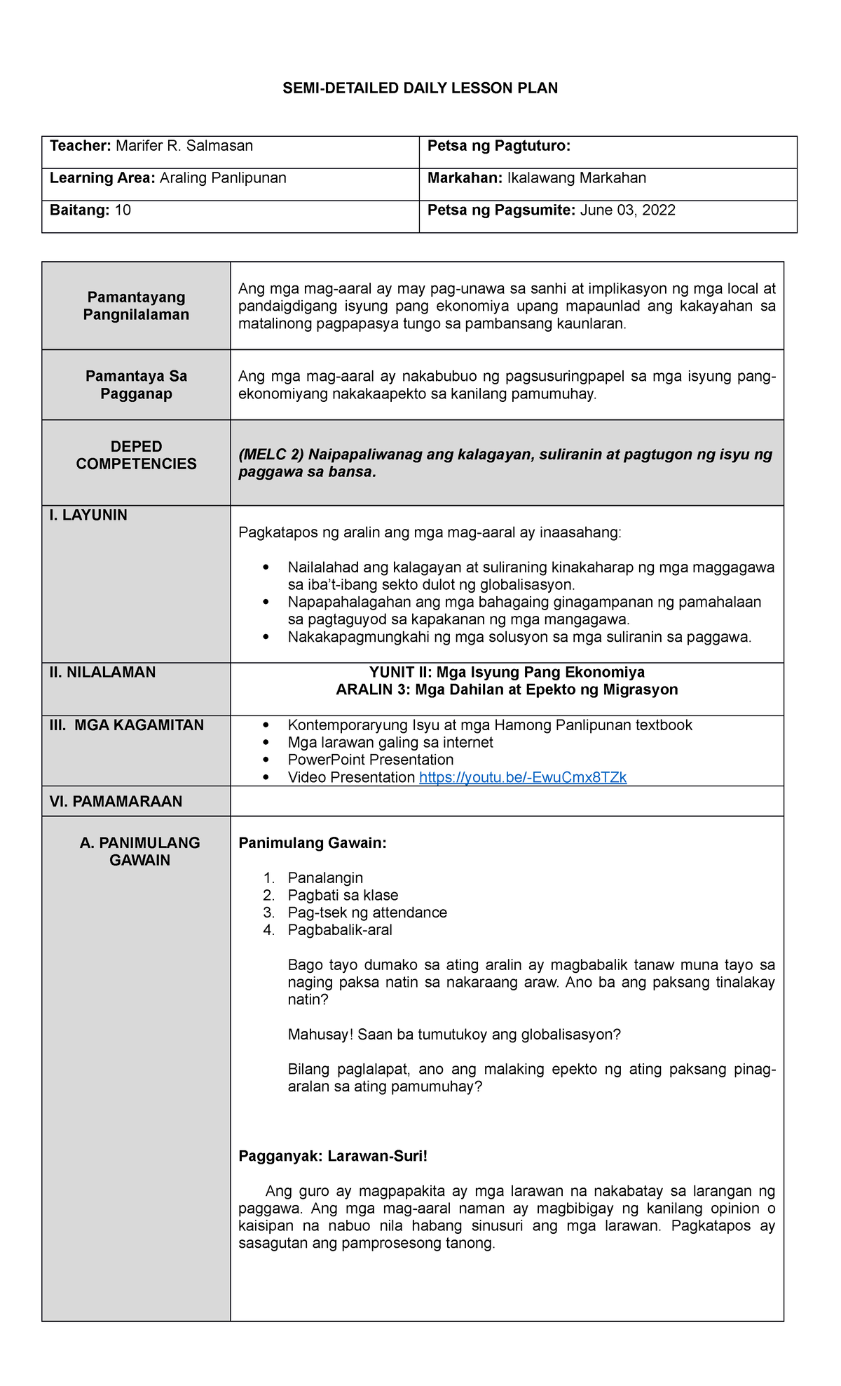 Marifer LP #1 Dcpnhs - Lesson Plan in Araling Panlipunan - SEMI ...