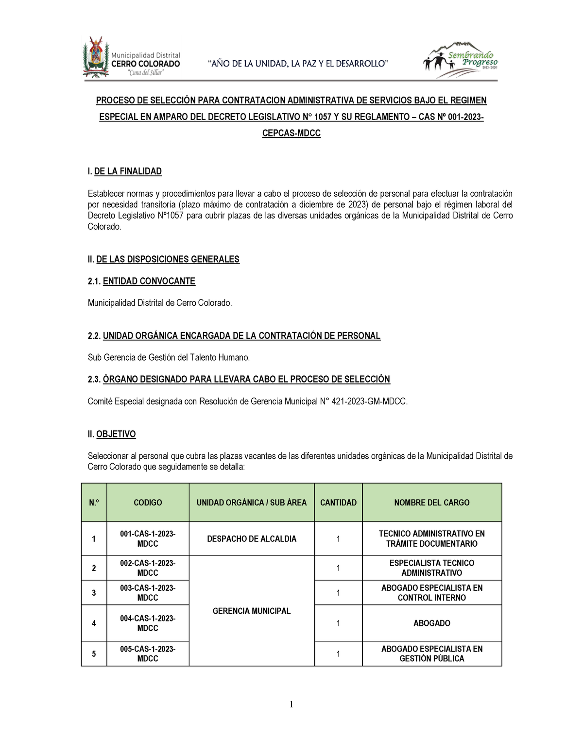 Bases Del Proceso Cas 001 2023 Cepcas Mdcc 3 - PROCESO DE SELECCI”N ...