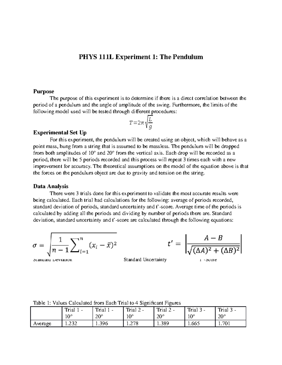 Physic 111 Lab Report Experiment 1 The Pendulum Phys 111l Experiment 1 The Pendulum Purpose 2857