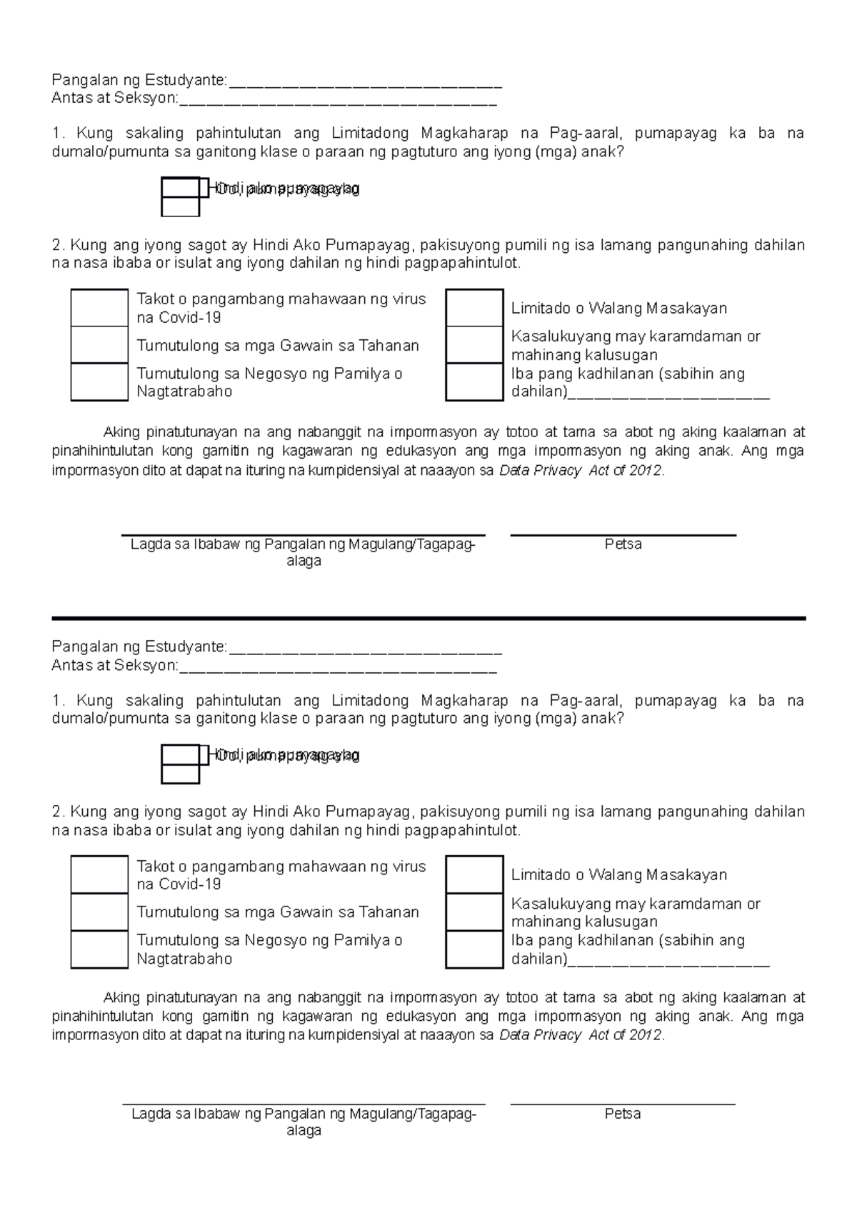 Survey Form for LImited f2f Final - Pangalan ng Estudyante