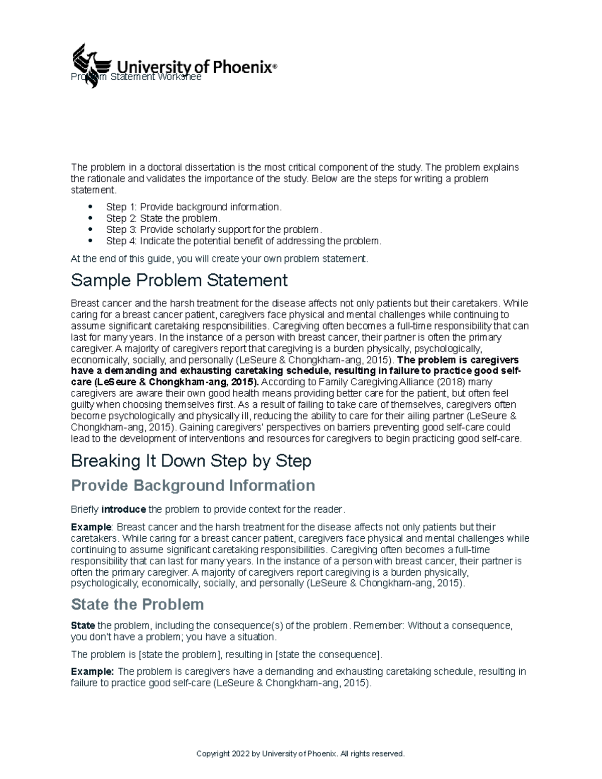 Problem Statement Worksheet - The problem explains the rationale and ...