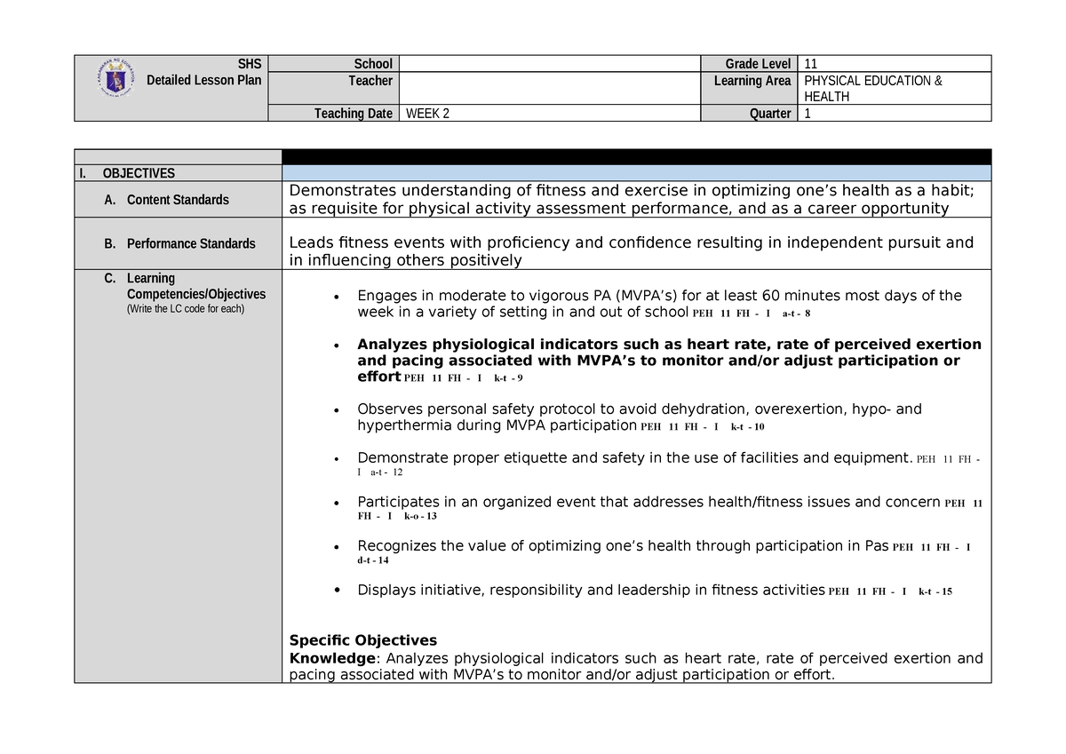 Health week2 - pe hope - SHS Detailed Lesson Plan School Grade Level 11 ...