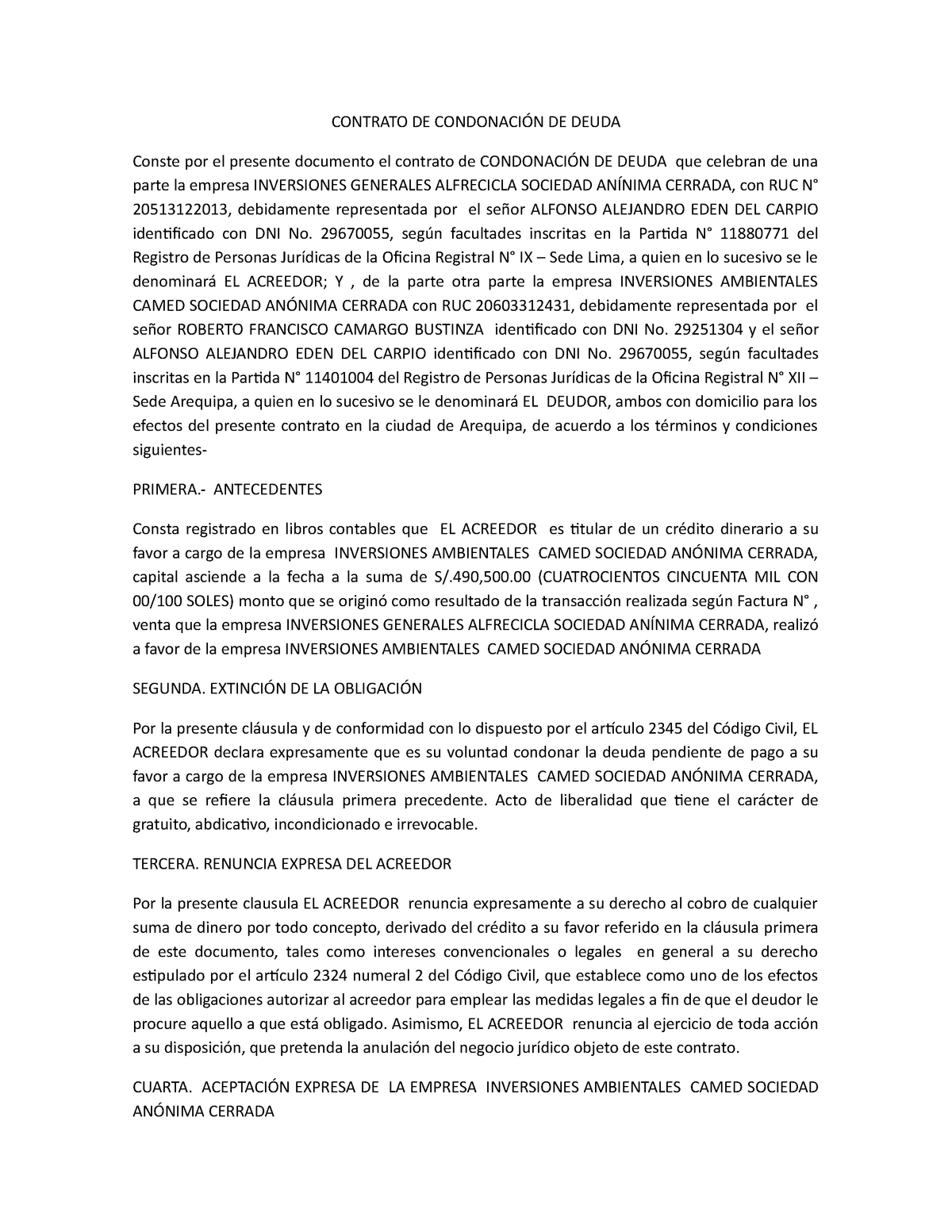 414518240 Contrato DE Condonacion DE Deuda 1 docx - CONTRATO DE CONDONACIÓN  DE DEUDA Conste por el - Studocu