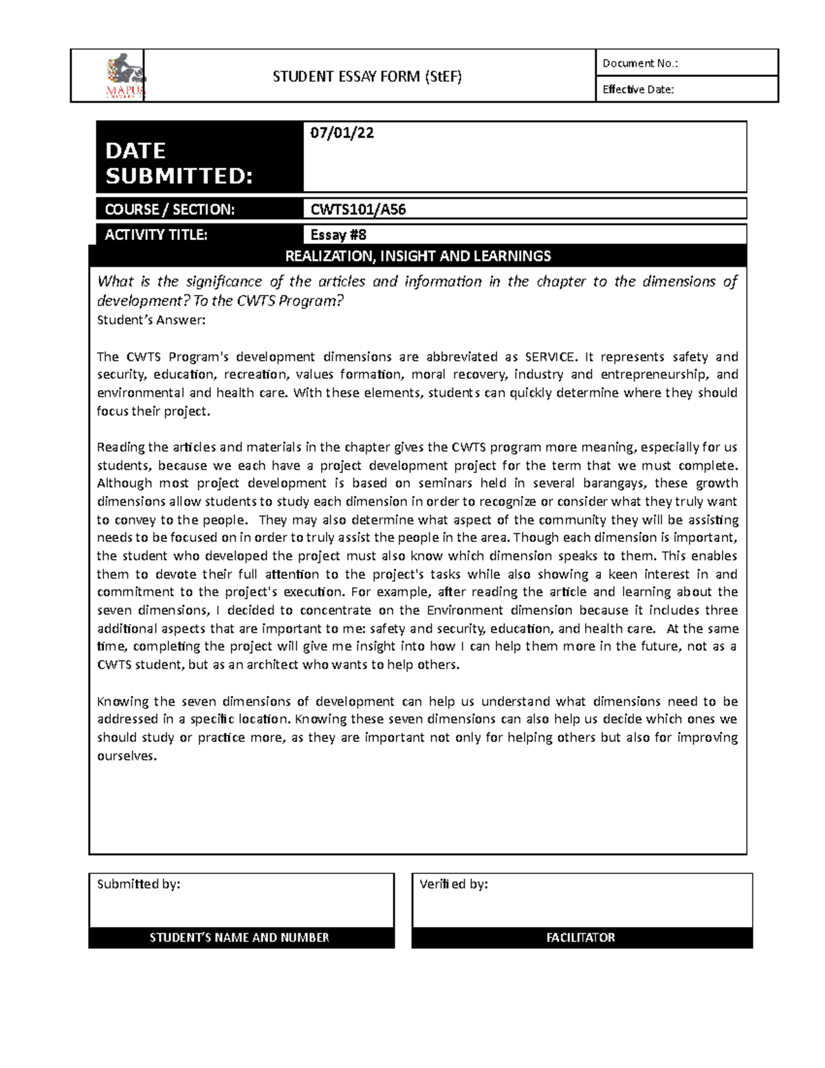 Form CWTS101 Essay 8 Madami Nito Sa Google STUDENT ESSAY FORM 