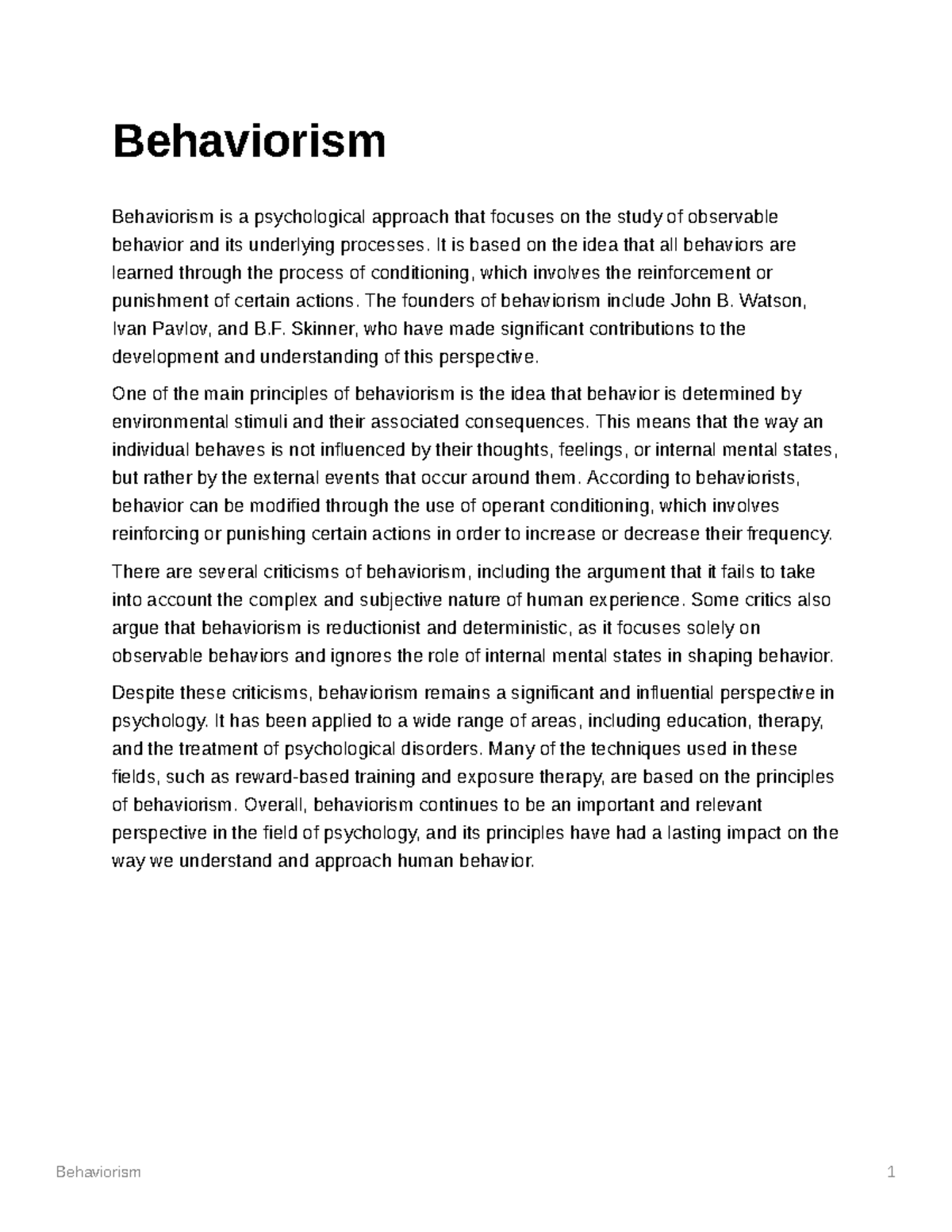 Behaviorism - Notes - Behaviorism 1 Behaviorism Behaviorism Is A ...