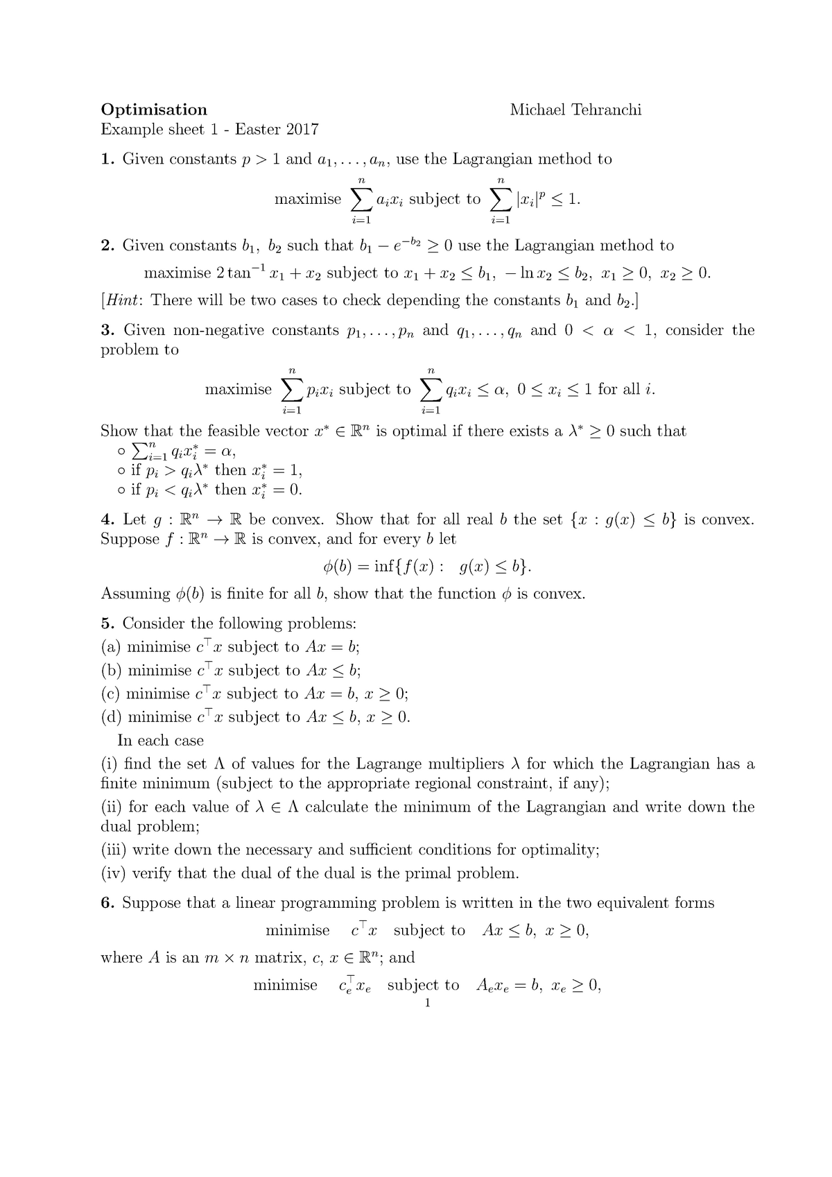 Optimization 2016-2017 Example Sheet 1 - Optimisation Example sheet 1 ...