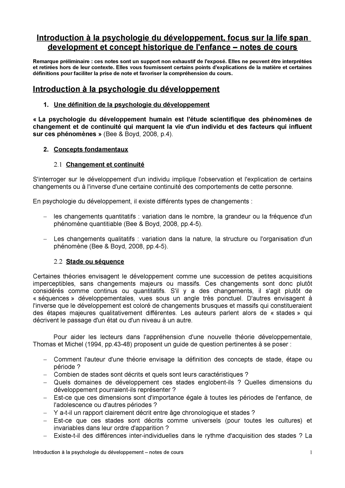 01 Cours 1 Approche Vie Entiere Introduction à La Psychologie Du Développement Focus Sur La 