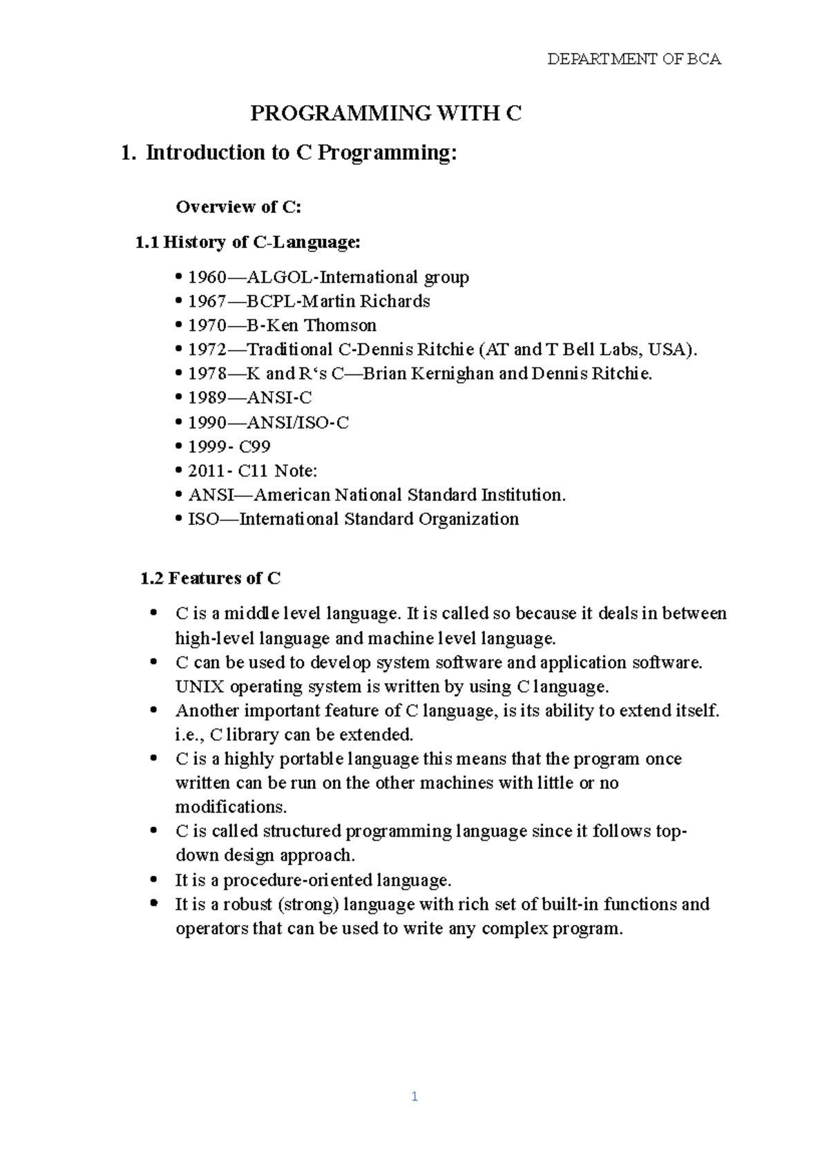 CP- Notes-BCA - PROGRAMMING WITH C 1. Introduction to C Programming ...