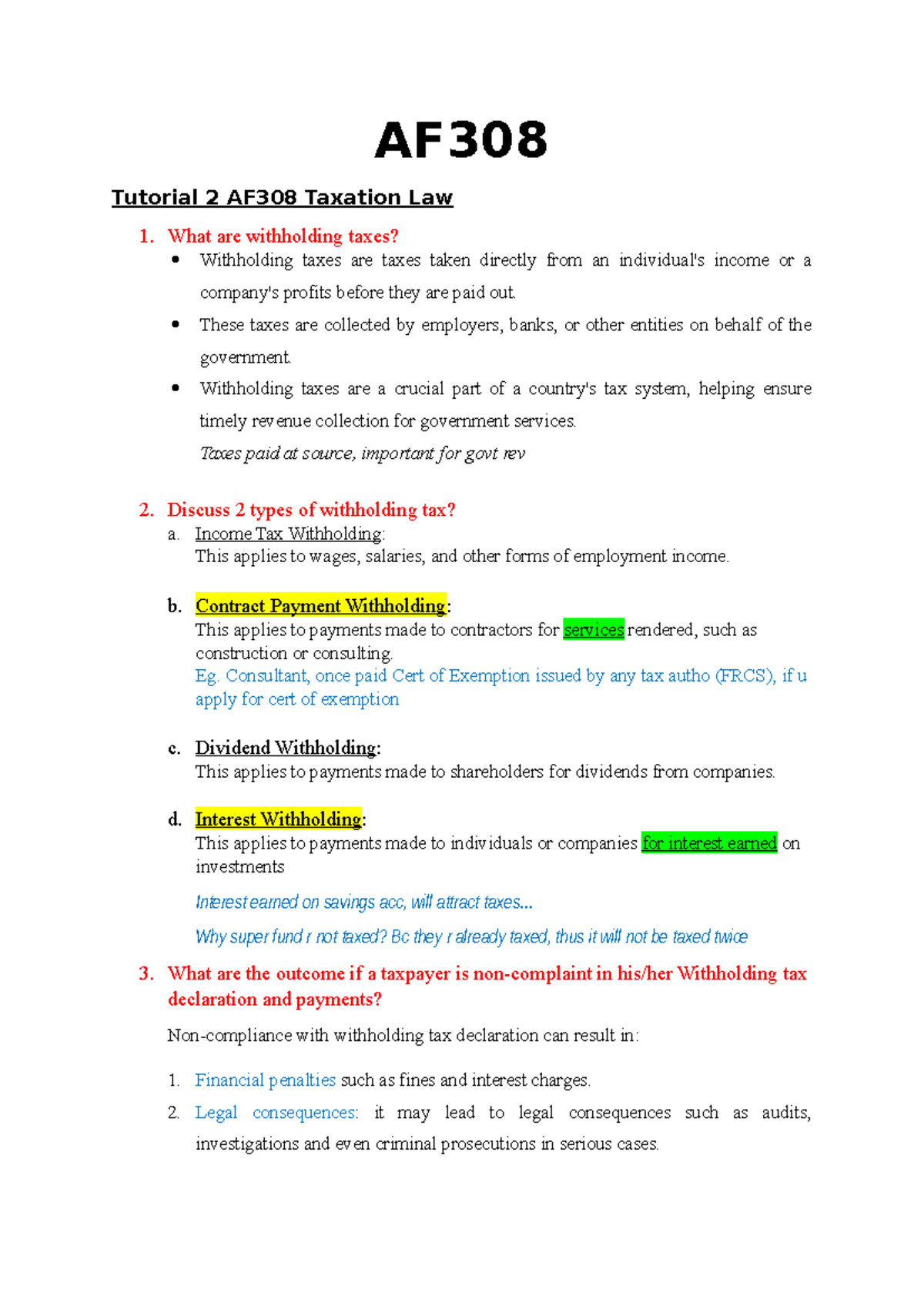 Tutorial 2 work WK 3 - TUT Questions and Ans - AF Tutorial 2 AF308 ...