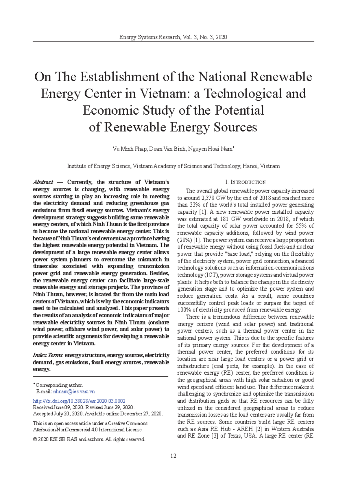 On the establishment of the national renewable energy center in vietnam ...