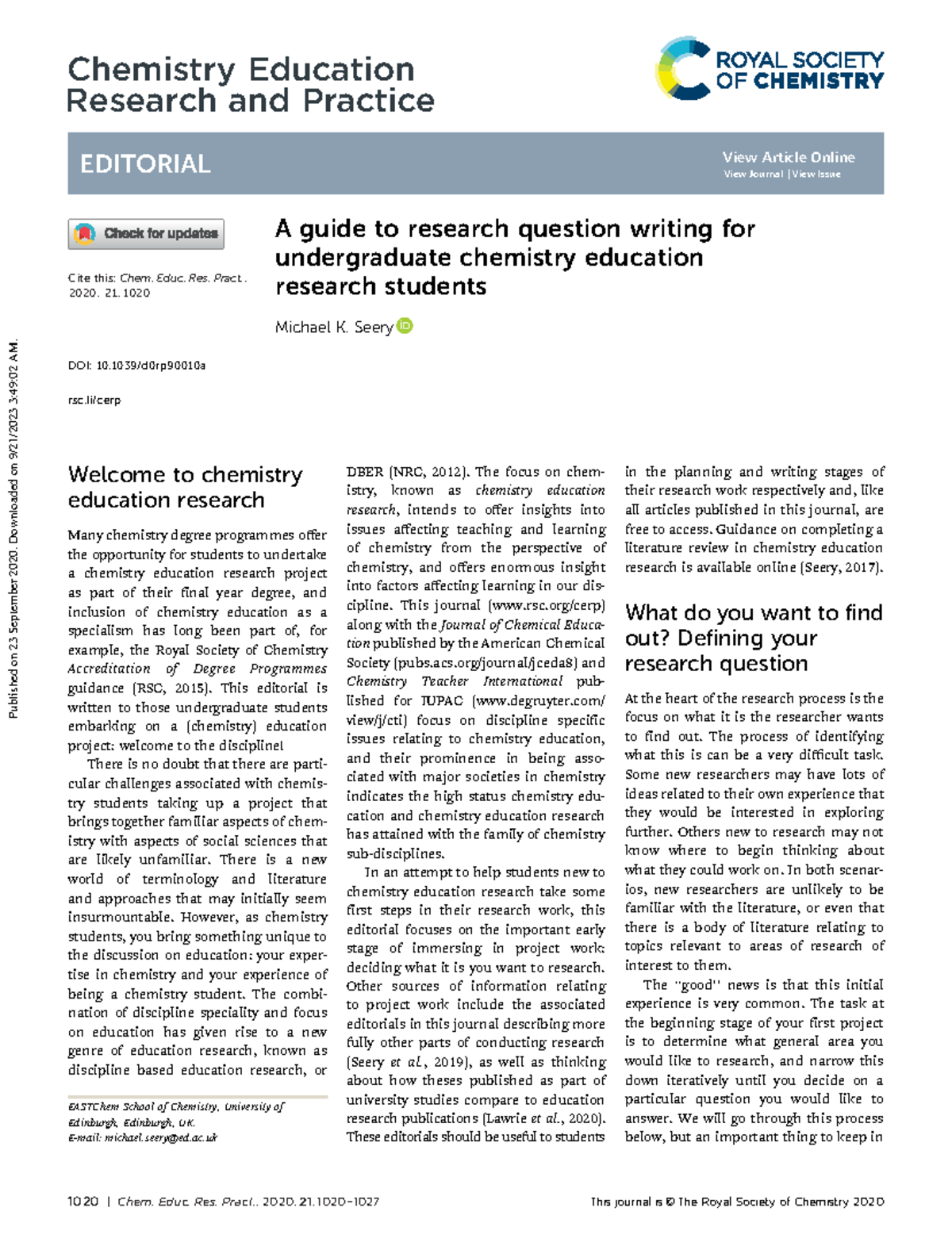 A guide to find research question in chemistry 1020 Chem. Educ. Res