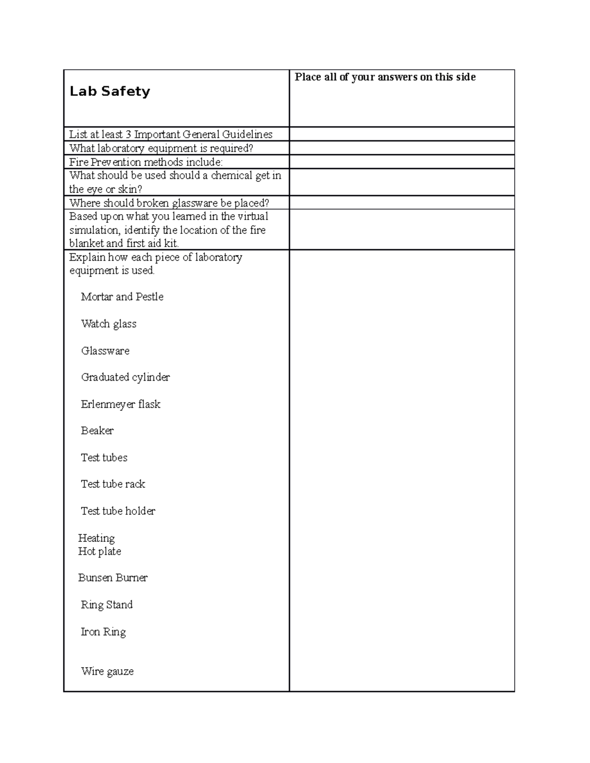 Lab Safety and Equipment Guided Notes Lab Safety Place all of your