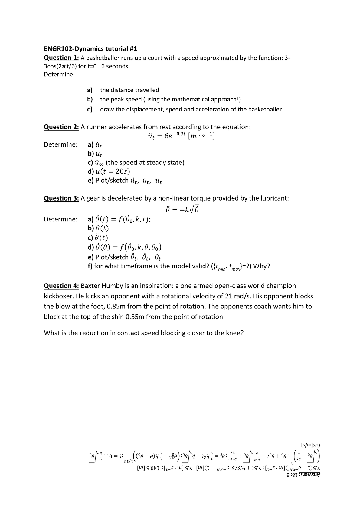 2021 tut#1 ans - Tutorial 1 - ENGR 102 - Dynamics tutorial # 1 Question ...