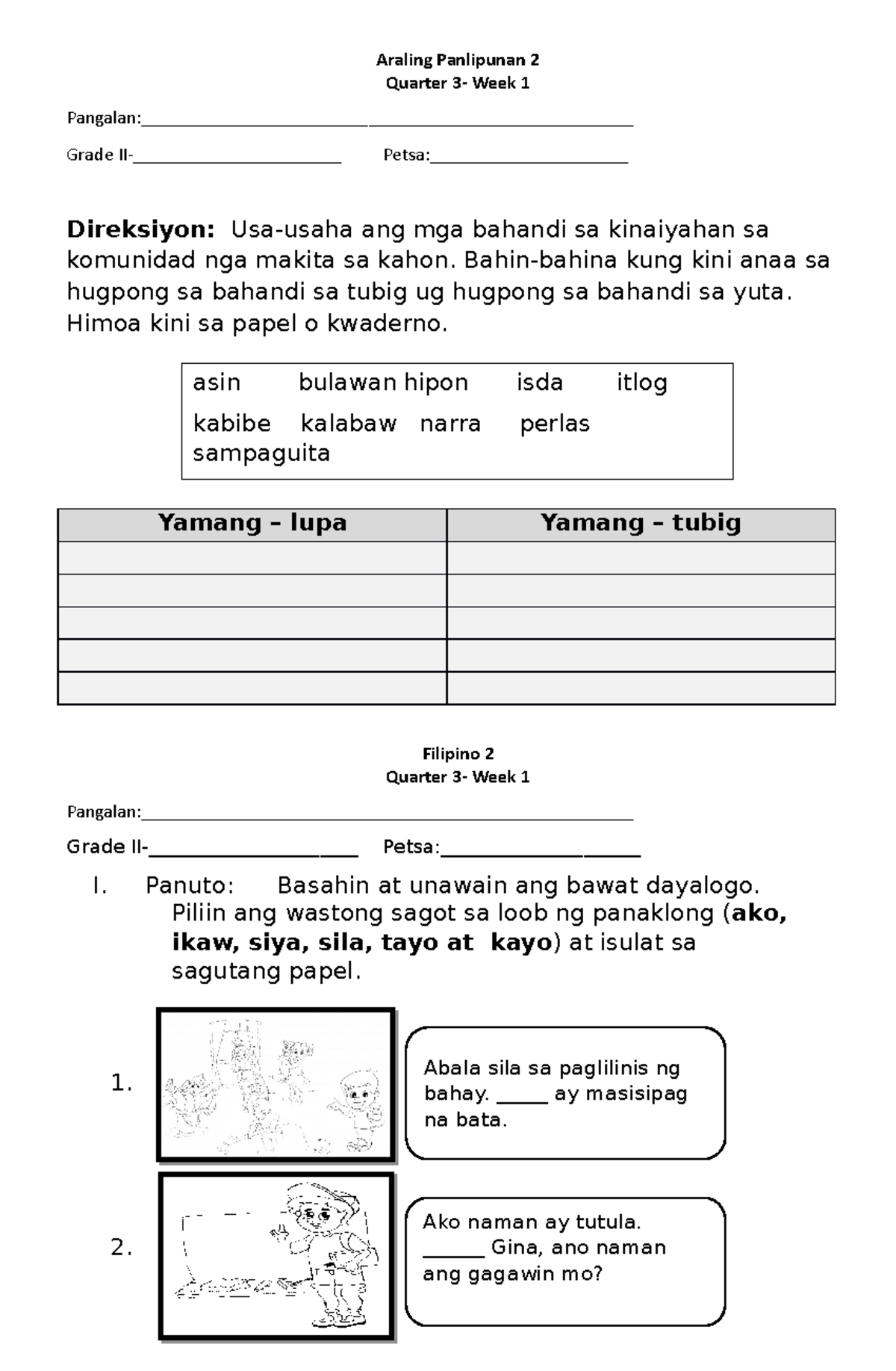 Activity Sheets For English Math Filipino Araling Panlipunan Araling Panlipunan 2 Quarter 3