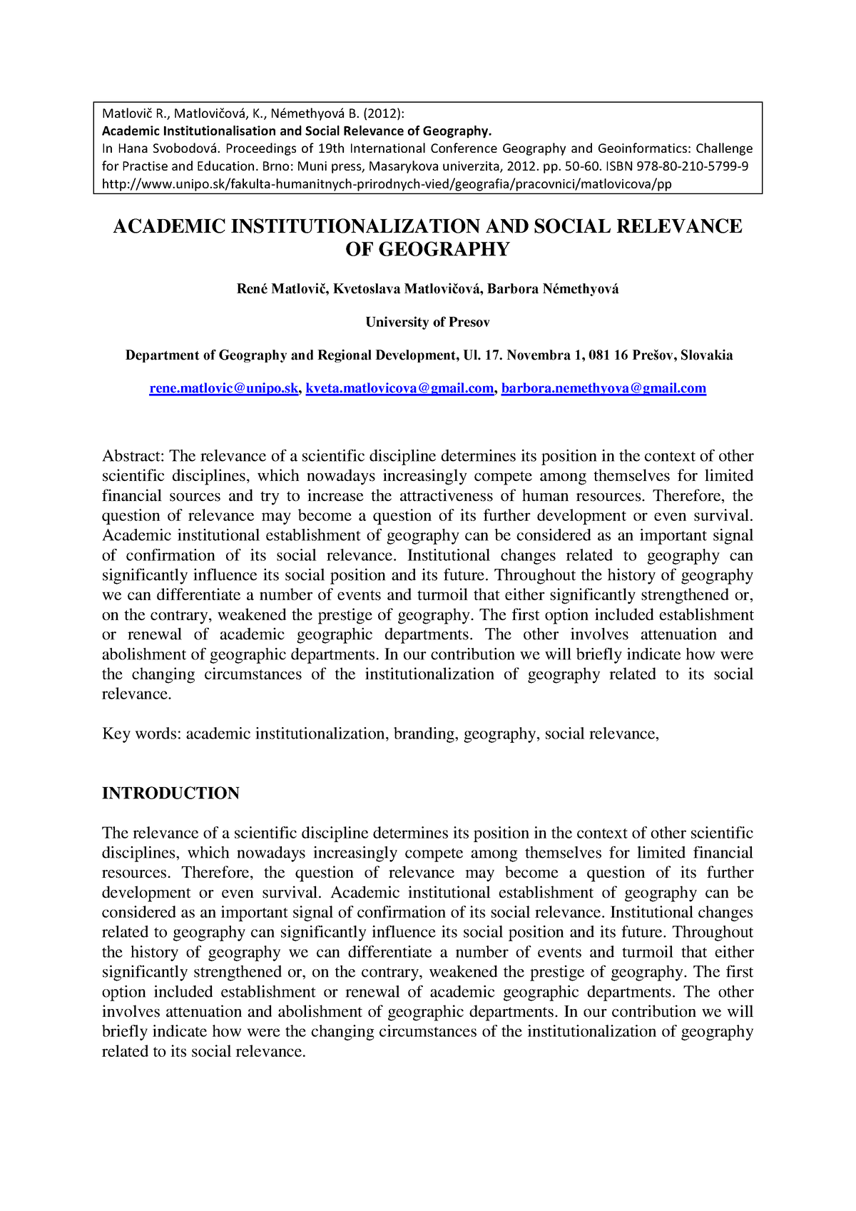 2. Academic Institutionalisation and Social Relevance of Geography ...