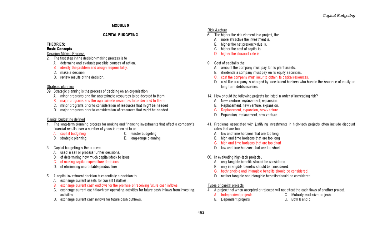 11 X09 Capital Budgeting - MODULE 9 CAPITAL BUDGETING THEORIES: Basic ...